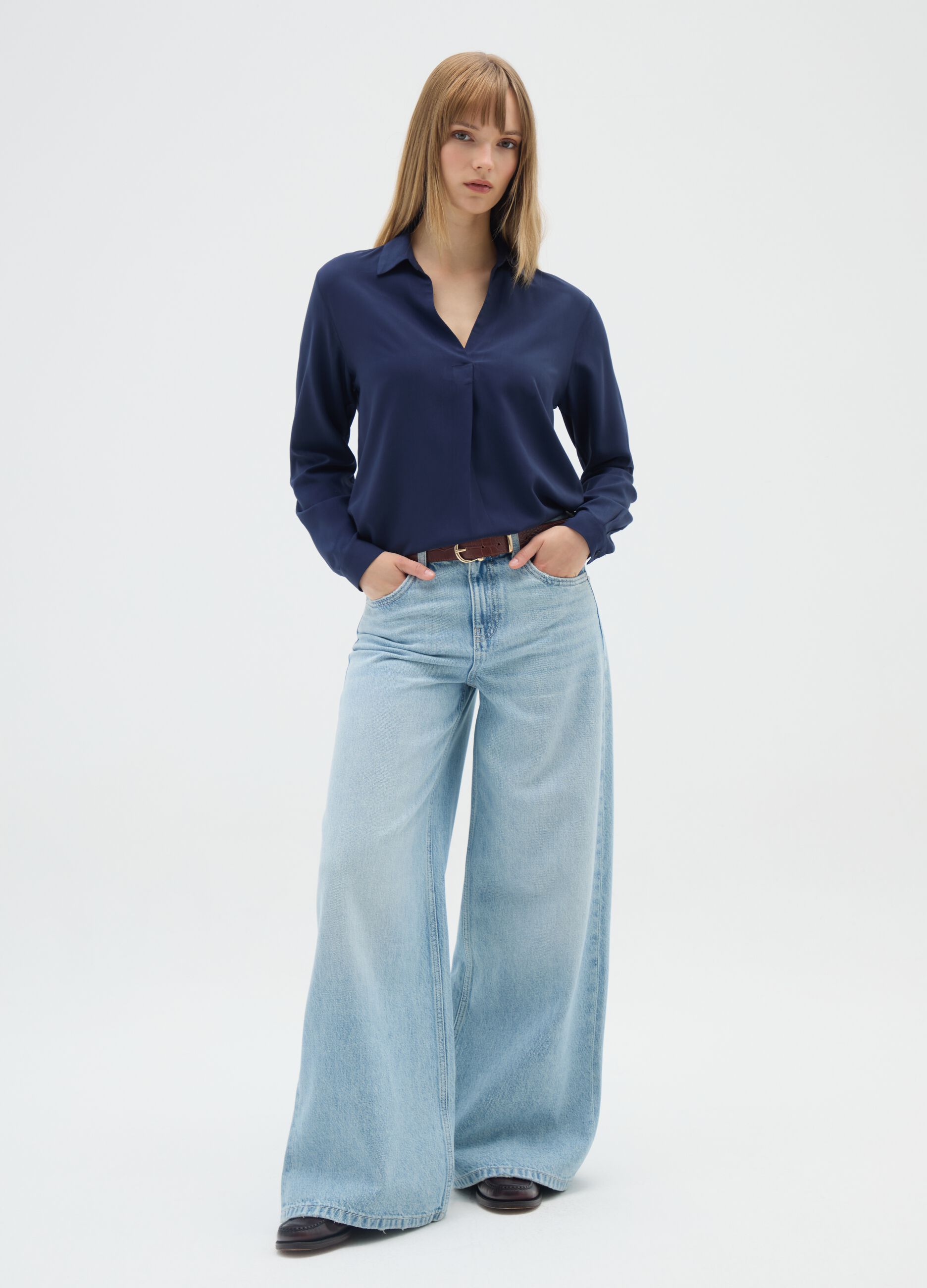 Long Sleeve Blue Viscose Shirt