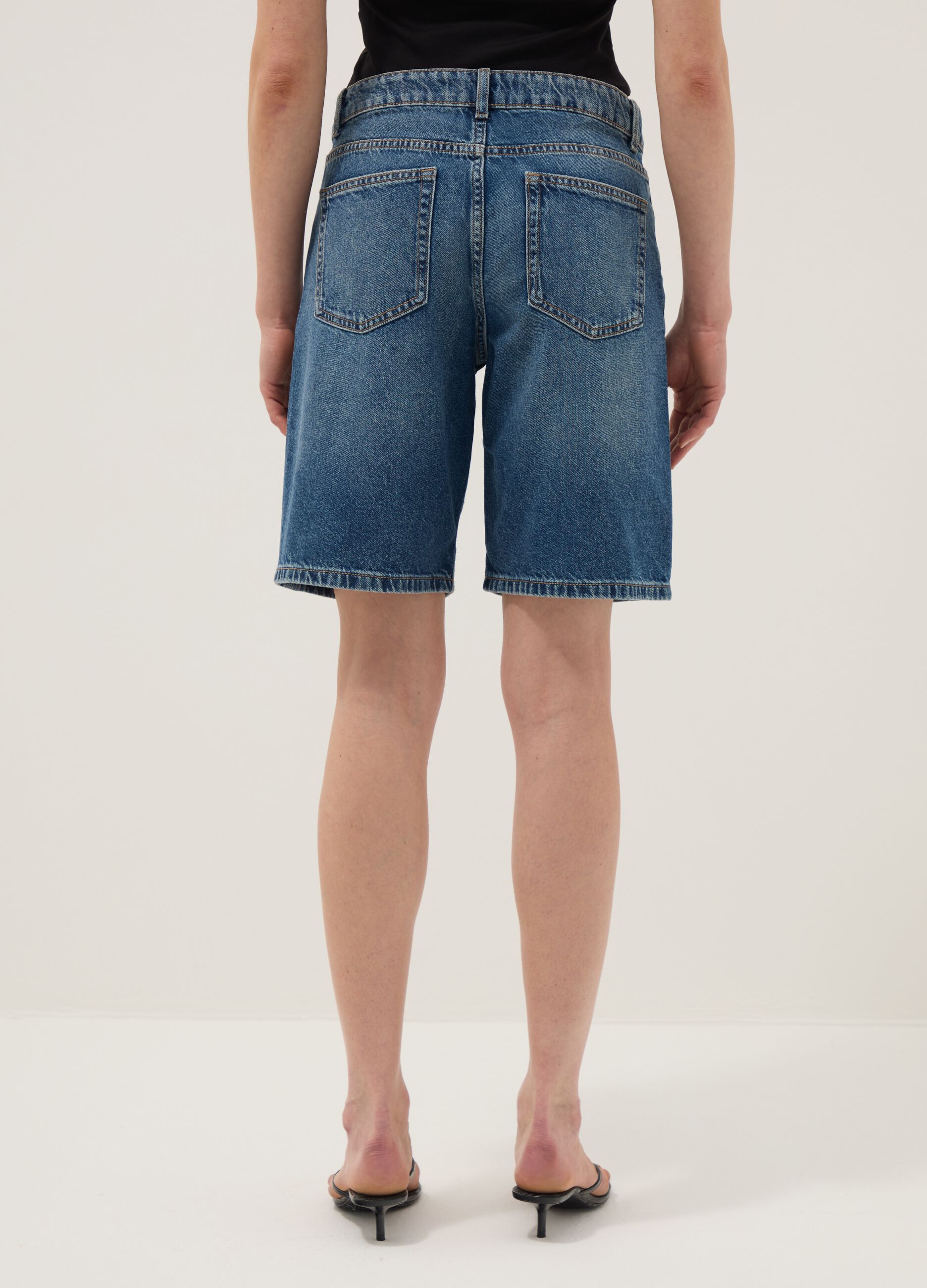 Dark blue denim pure cotton wide-leg shorts