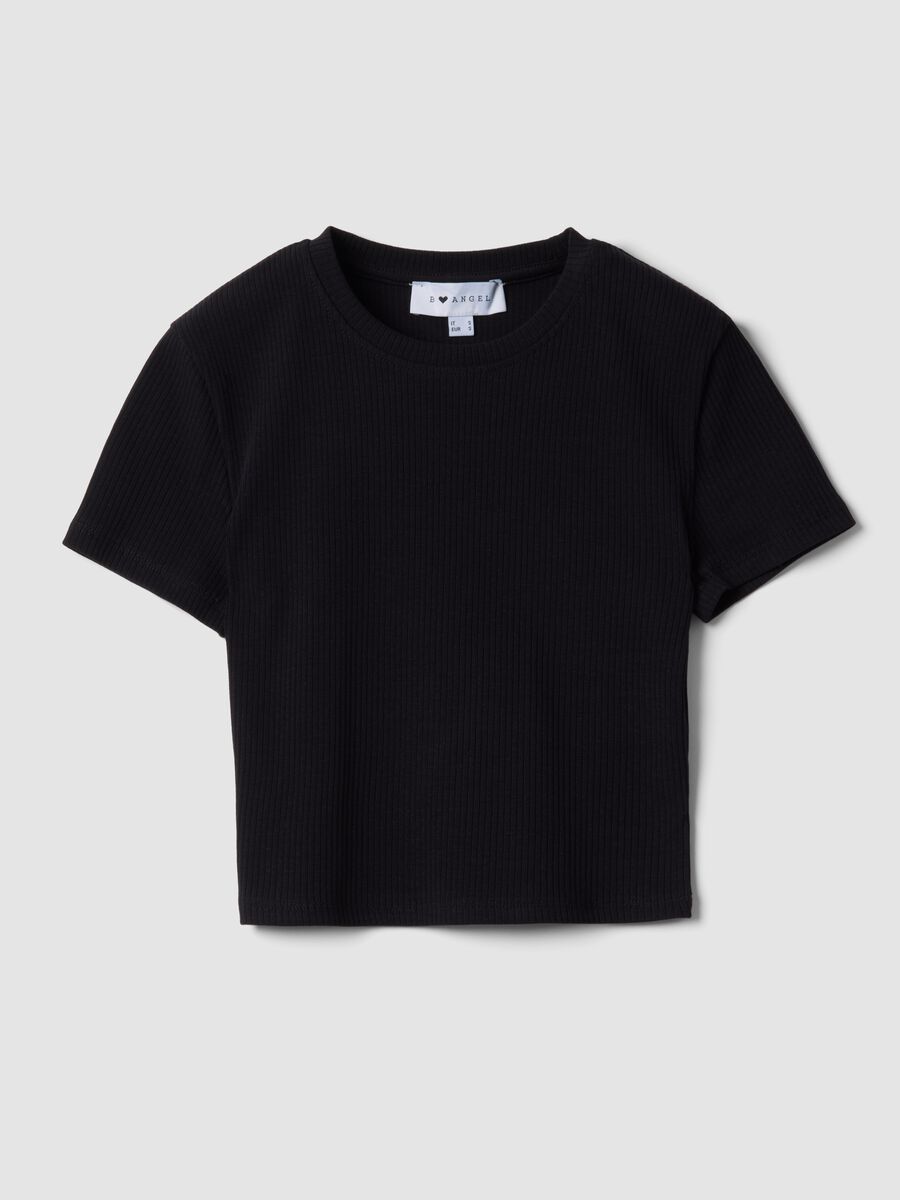 T-shirt fitted in cotone elasticizzato nero a costine_4