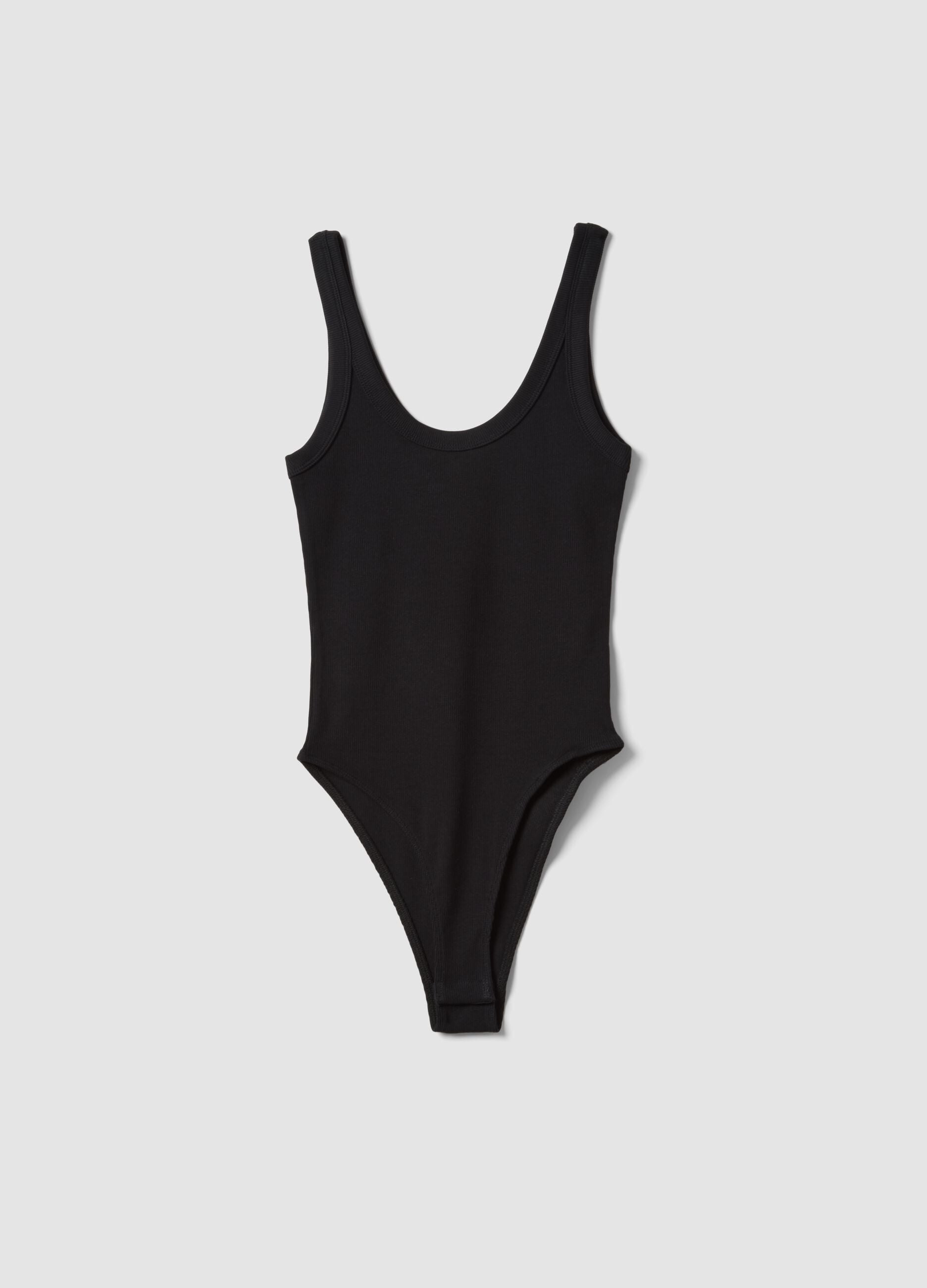 Black ribbed stretch-cotton bodysuit with wide neckline