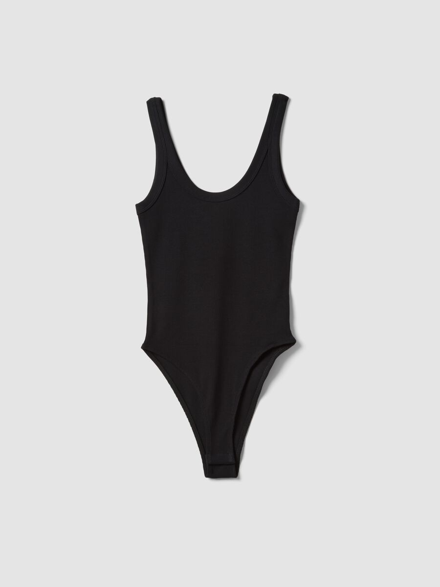 Black ribbed stretch-cotton bodysuit with wide neckline_0