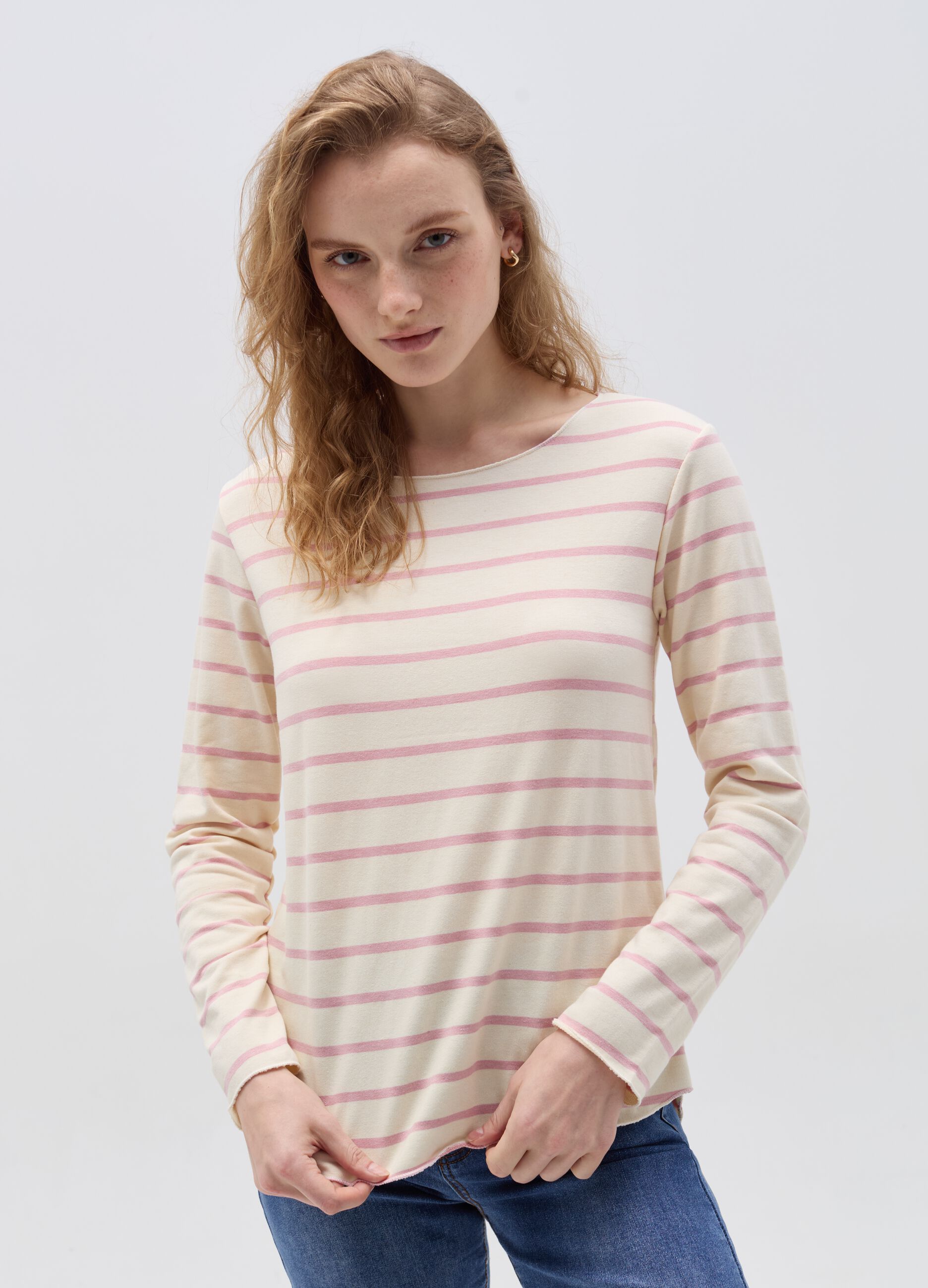 Striped T-shirt with raw trims