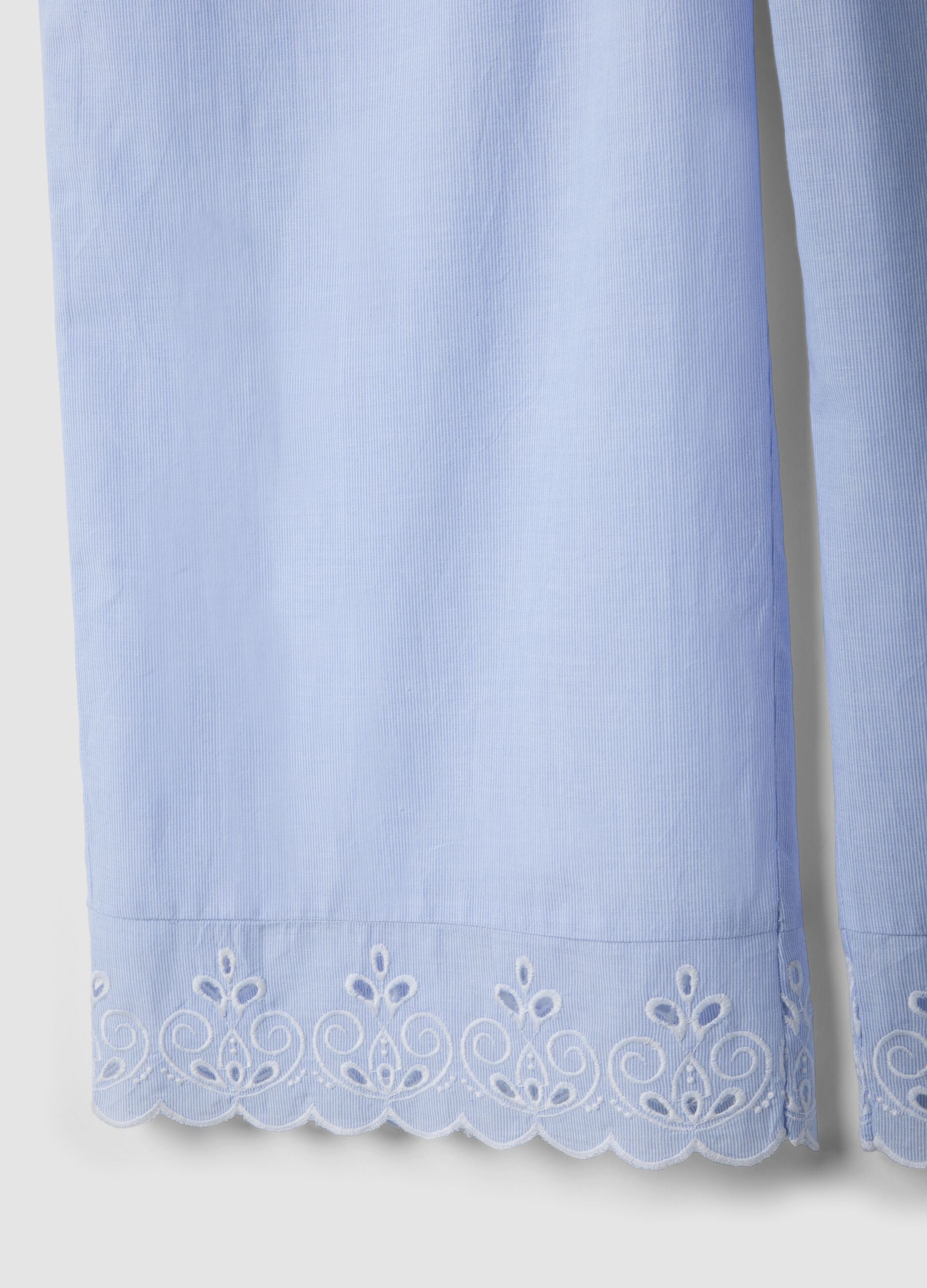 Light blue organic cotton pyjama trousers with broderie anglaise hem