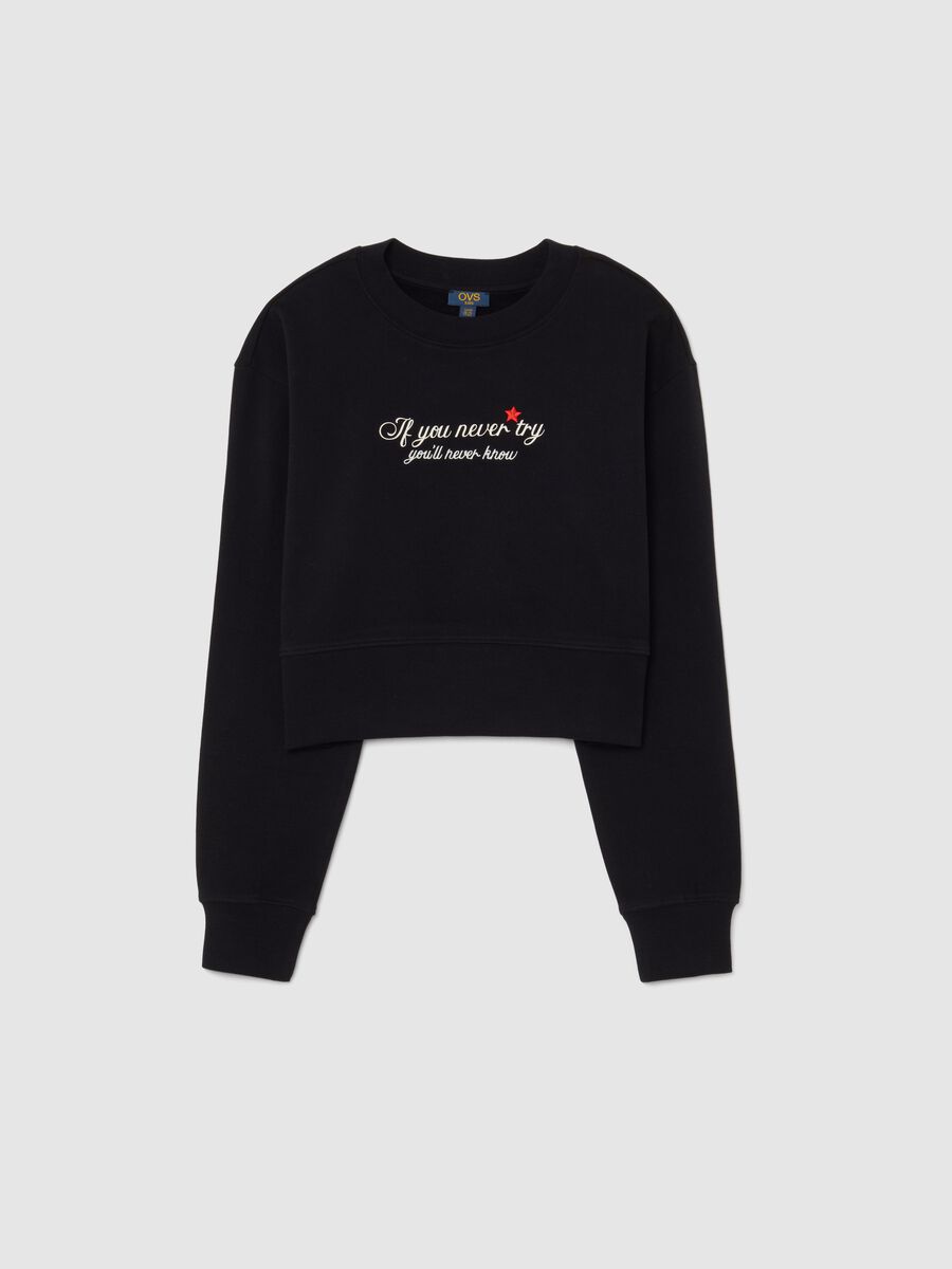 Black cotton girl's sweatshirt regular fit with embroidered phrase_0
