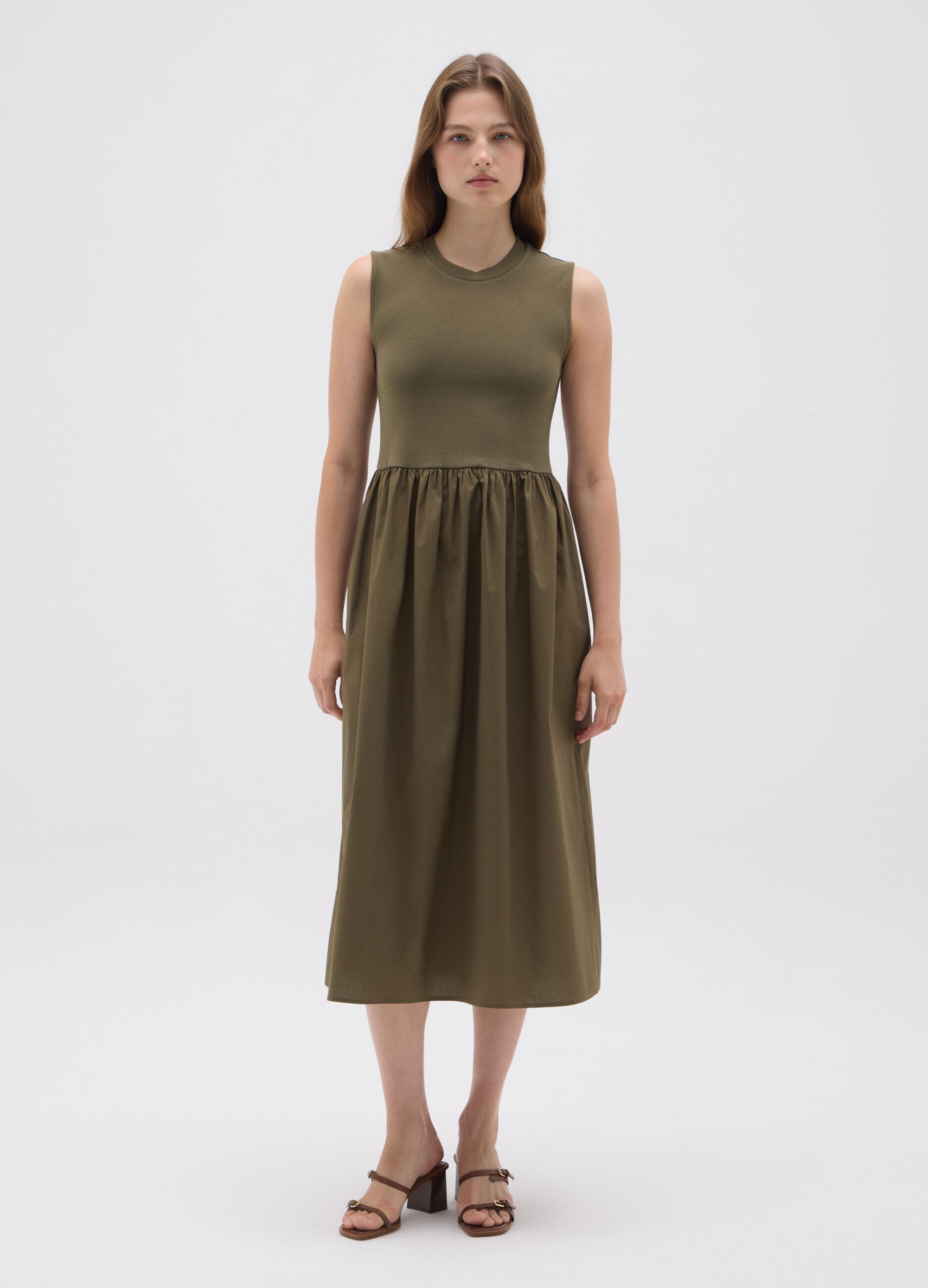 Green Stretch Cotton Midi Dress