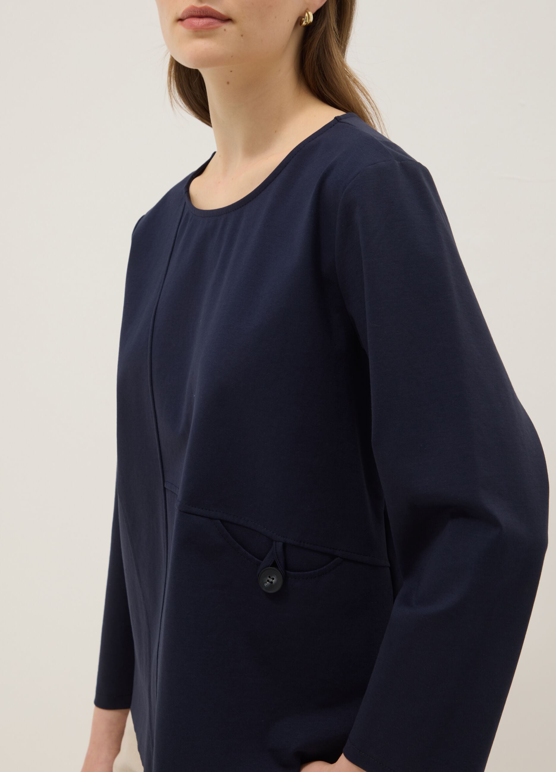 Blue long-sleeved regular-fit stretch cotton blouse