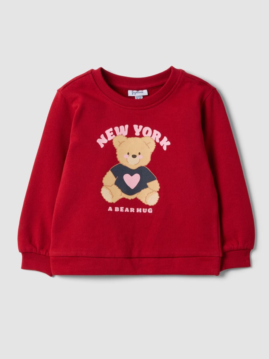 Red pure cotton crew-neck sweatshirt with teddy bear print for baby girl_0