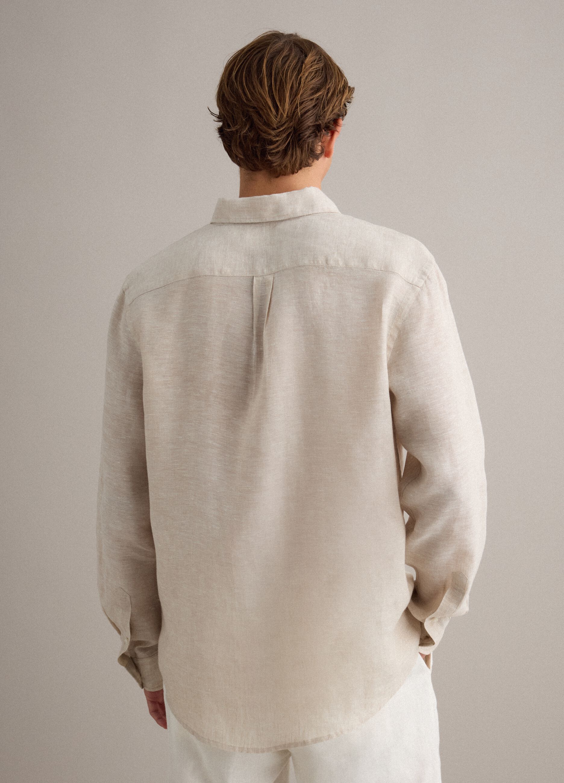 Beige pure linen shirt with button-down collar, regular fit