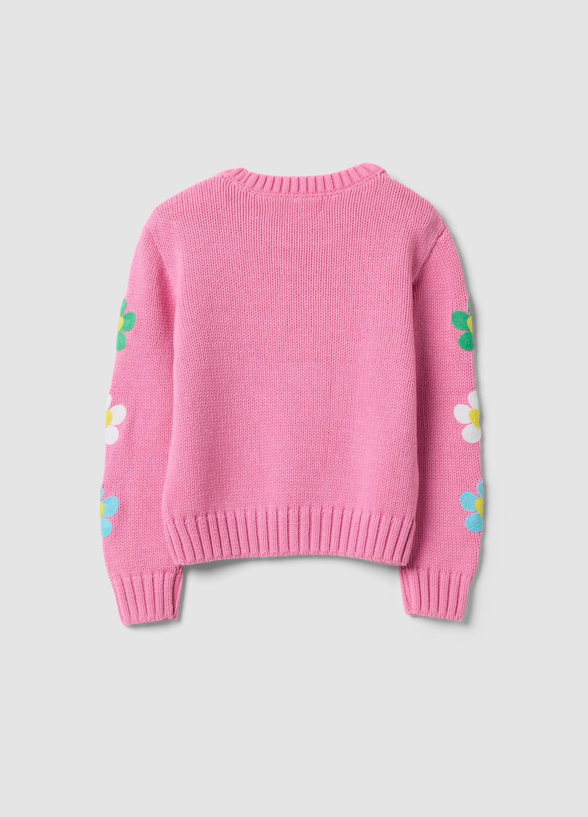 Pink cotton-blend crew-neck top with floral sleeves for girls