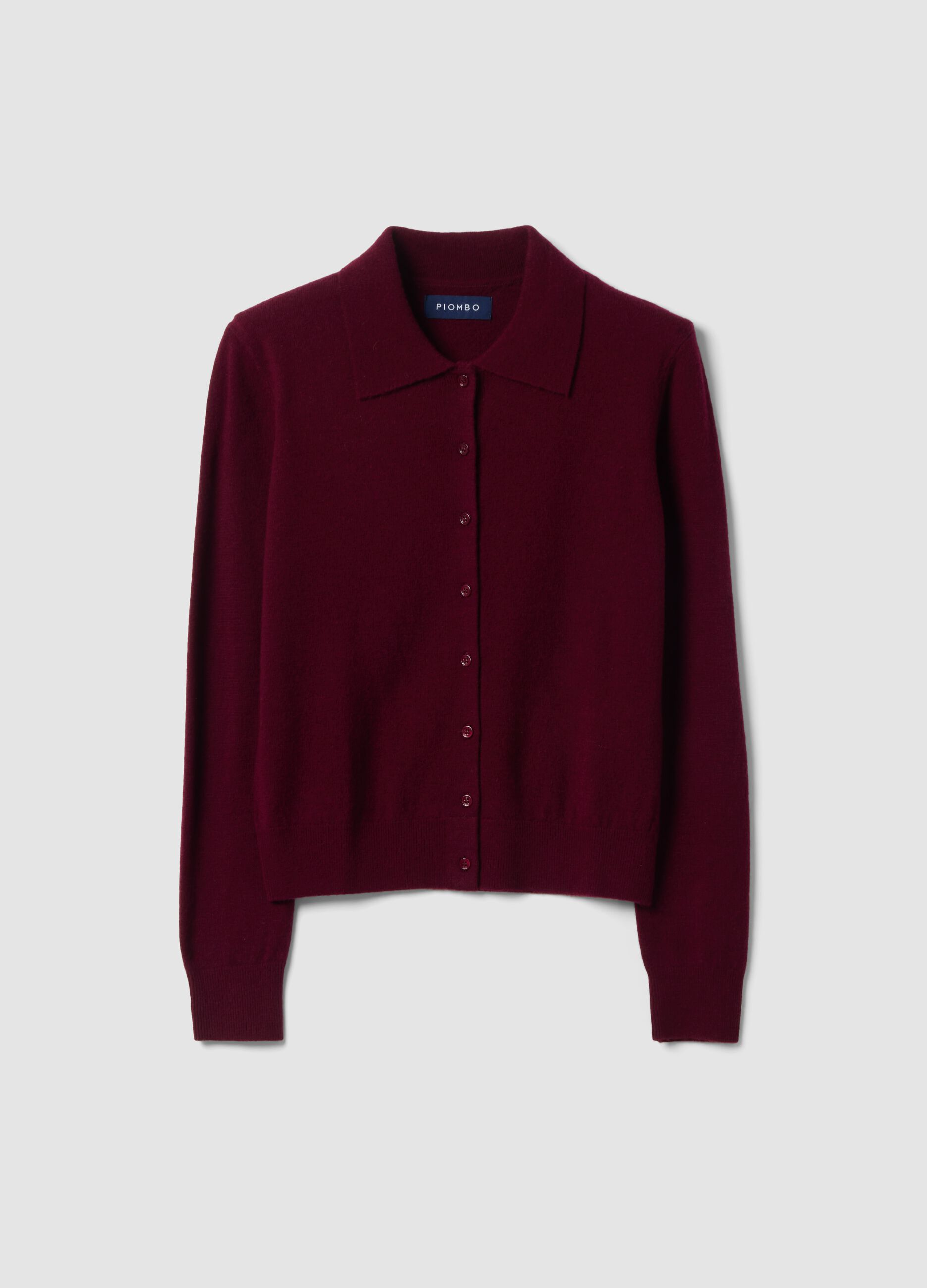 Red pure wool cardigan with polo collar, regular fit