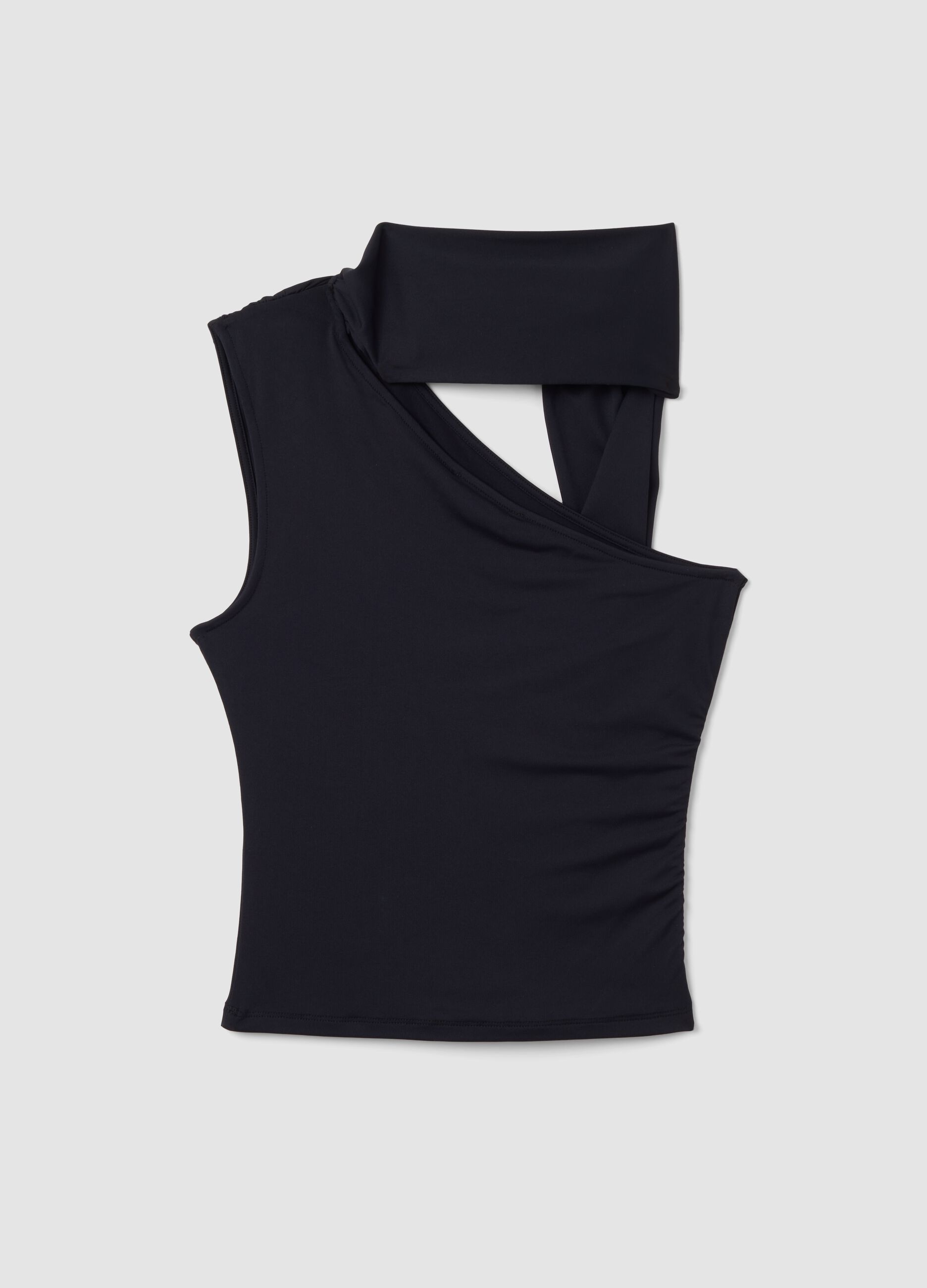 Black stretch top with asymmetric neckline and draped band