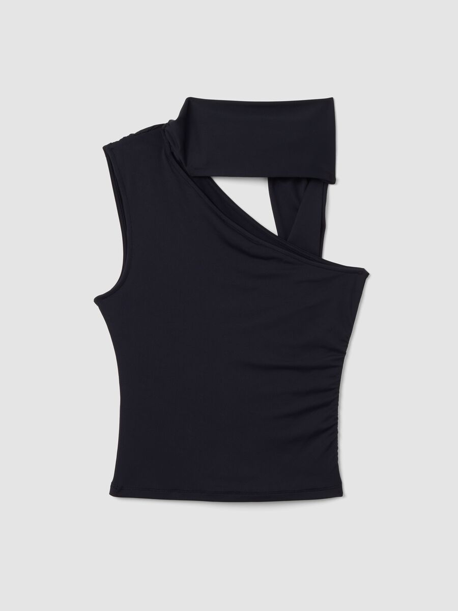 Black stretch top with asymmetric neckline and draped band_5