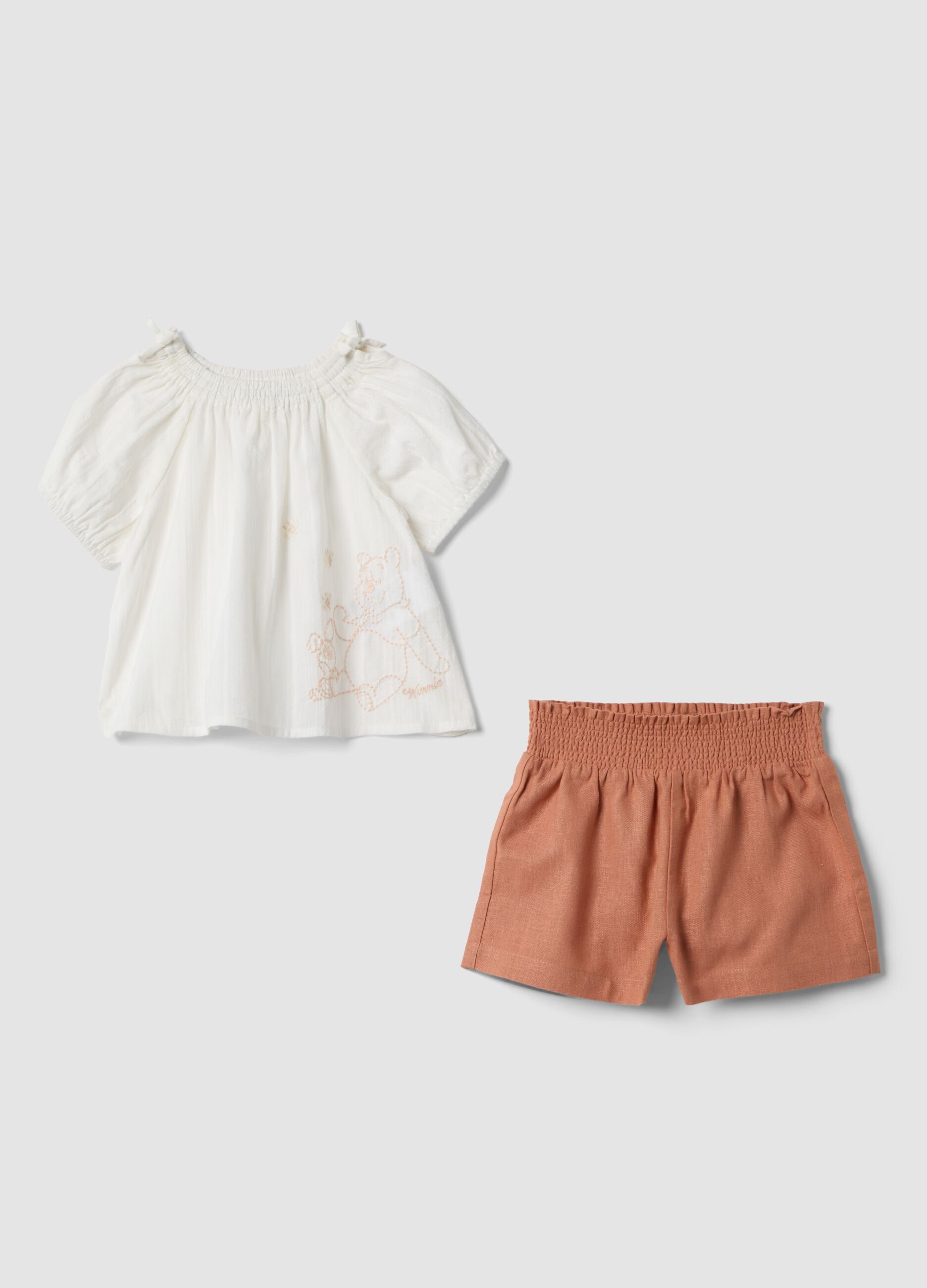 White pure cotton set with embroidered Winnie the Pooh blouse and shorts