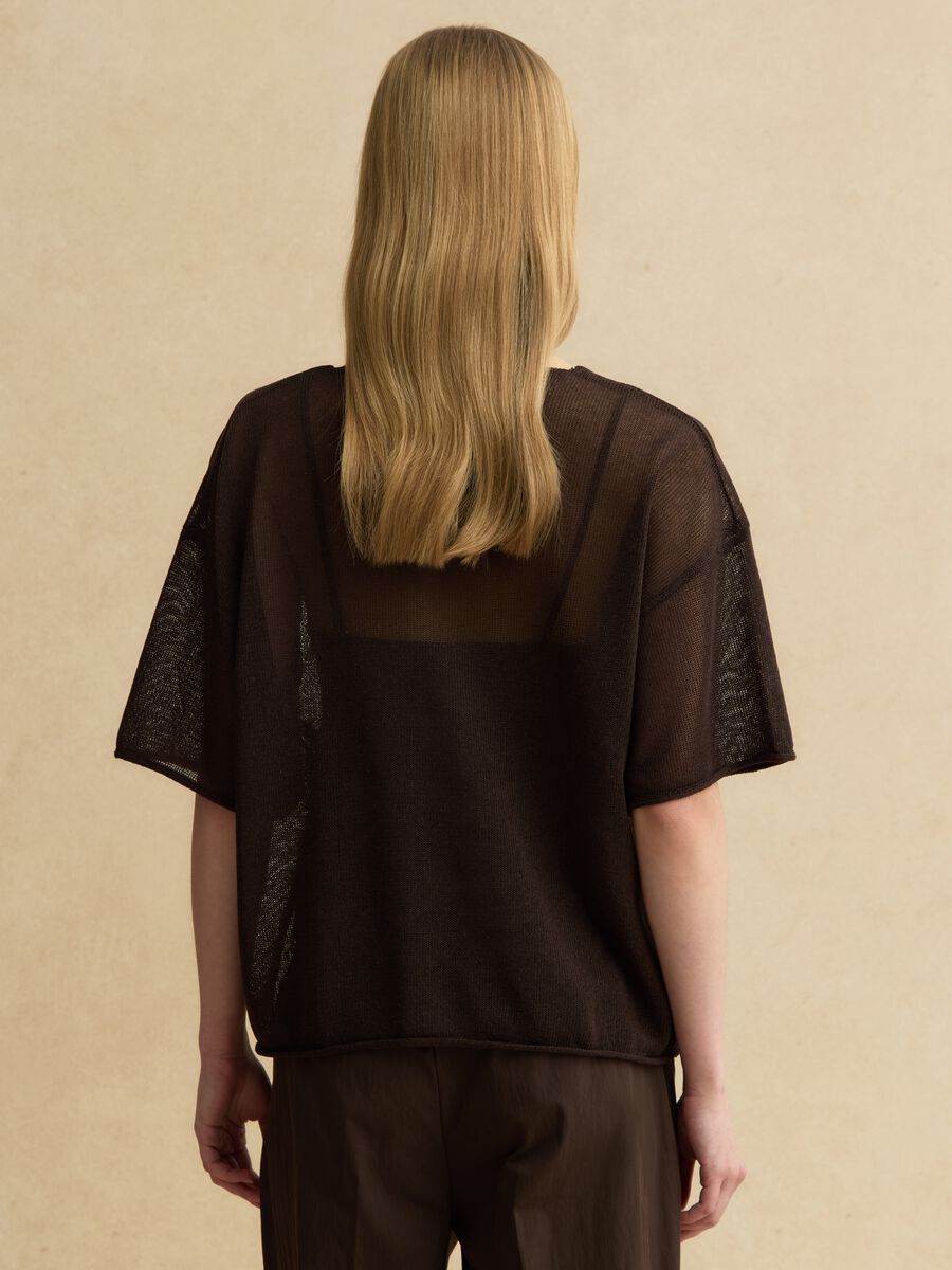 Maglia in misto lyocell e lino marrone oversize fit con scollo a V_3