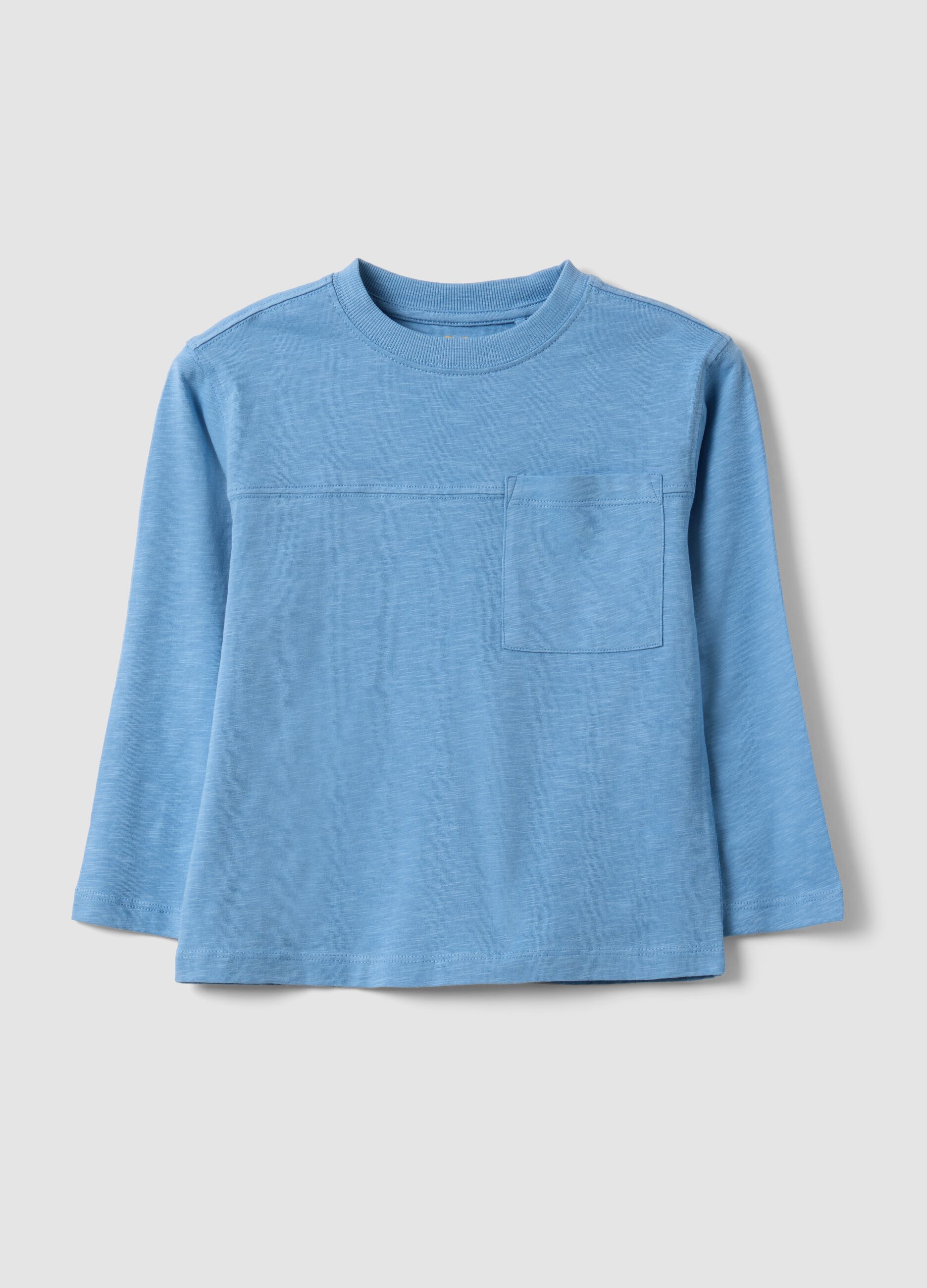 Boys&rsquo; light blue pure cotton T-shirt with chest pocket, oversized fit