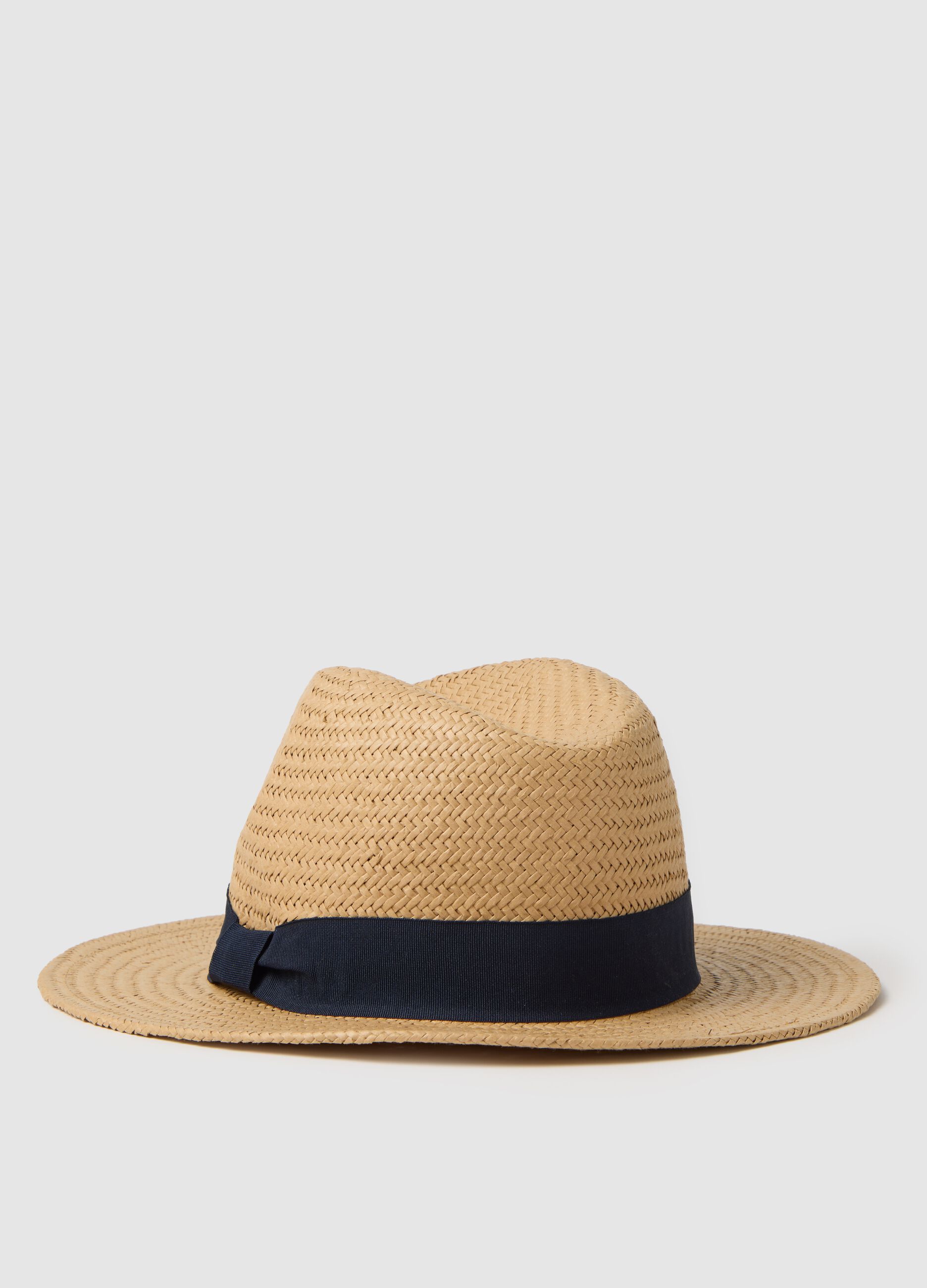 Multicoloured straw men's hat with blue band