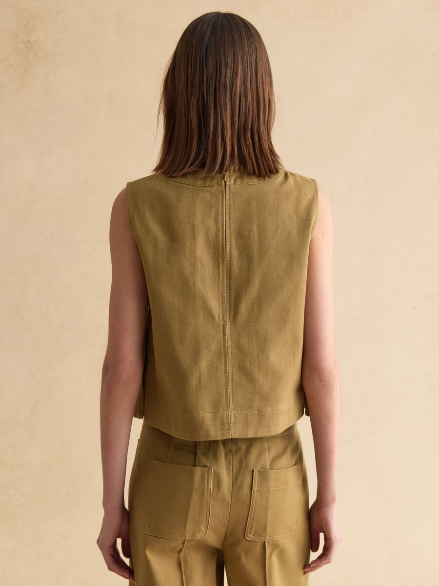 Brown Denim Sleeveless Blazer in Pure Cotton Regular Fit_3