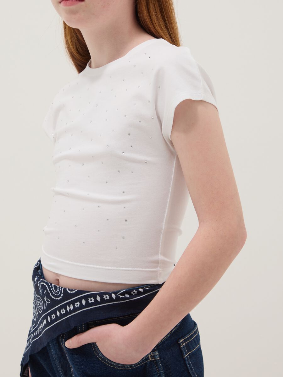 Girls' Slim Fit White Stretch Cotton T-shirt with Rhinestones_2