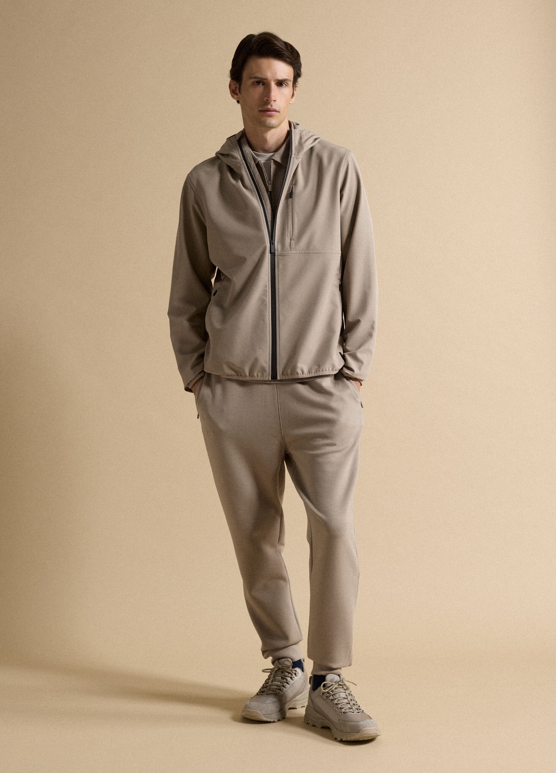 Beige hooded jacket in stretch fabric, regular fit