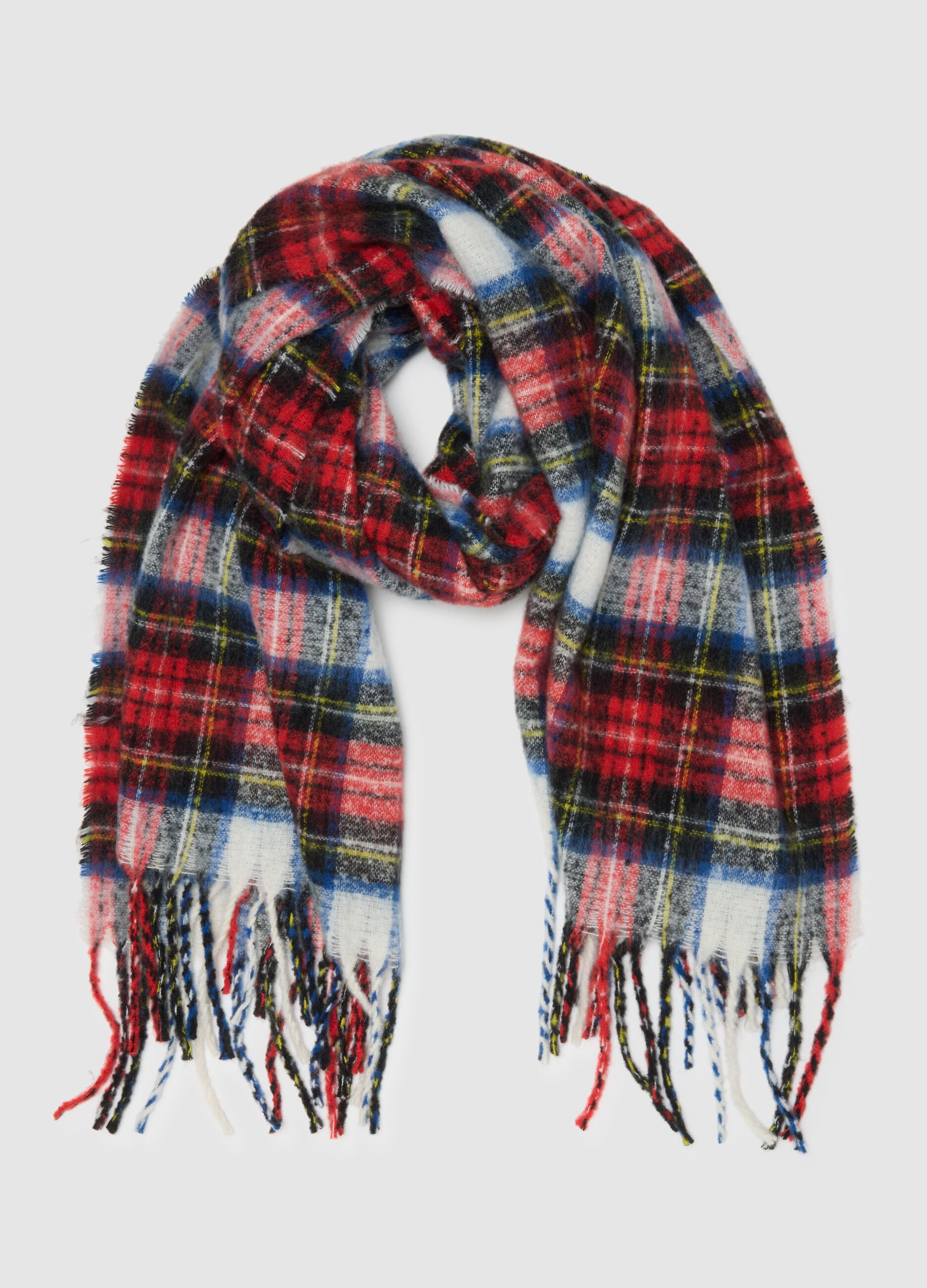 Multi-colour checked scarf with fringes