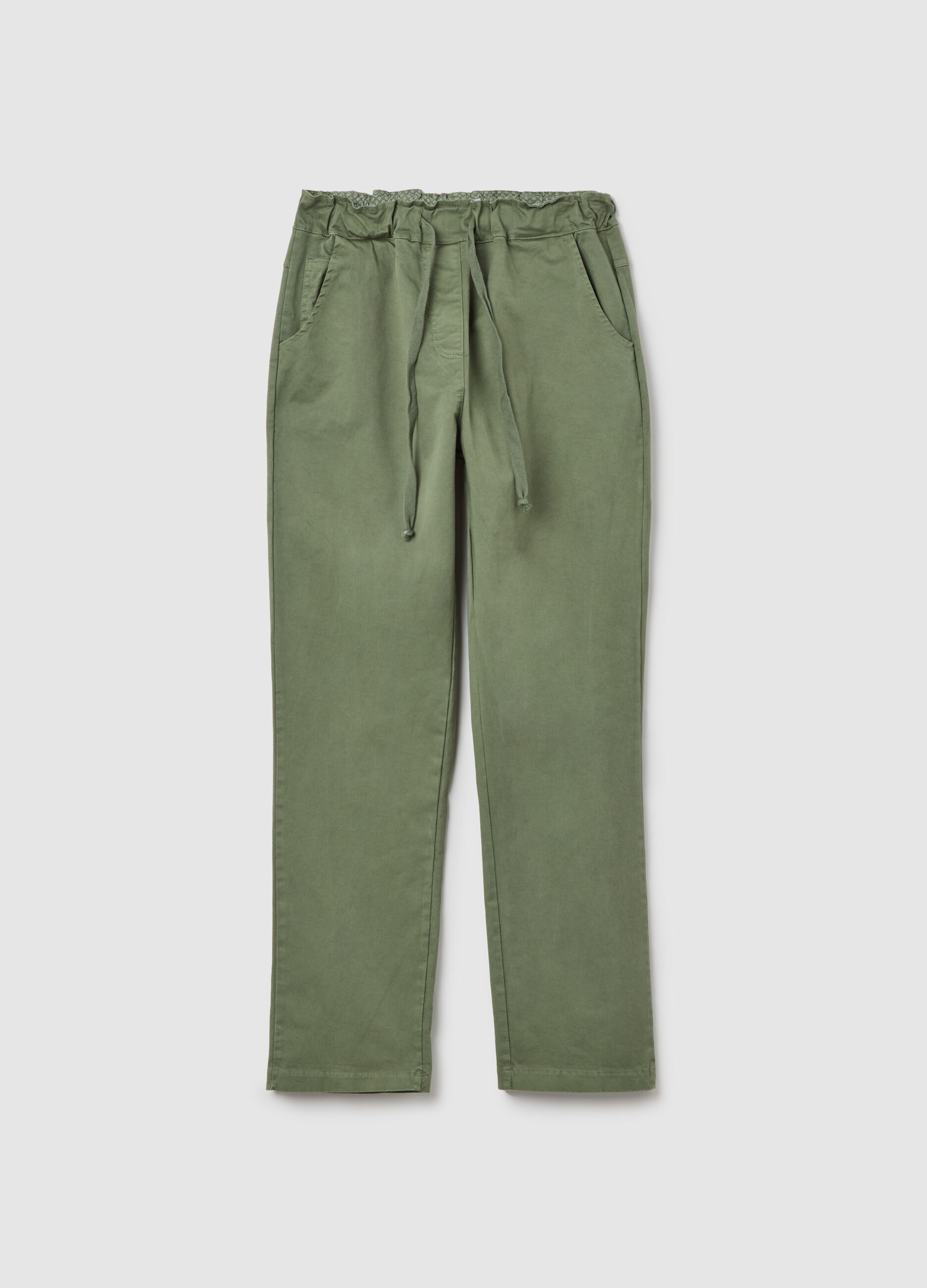 Green stretch cotton trousers with drawstring