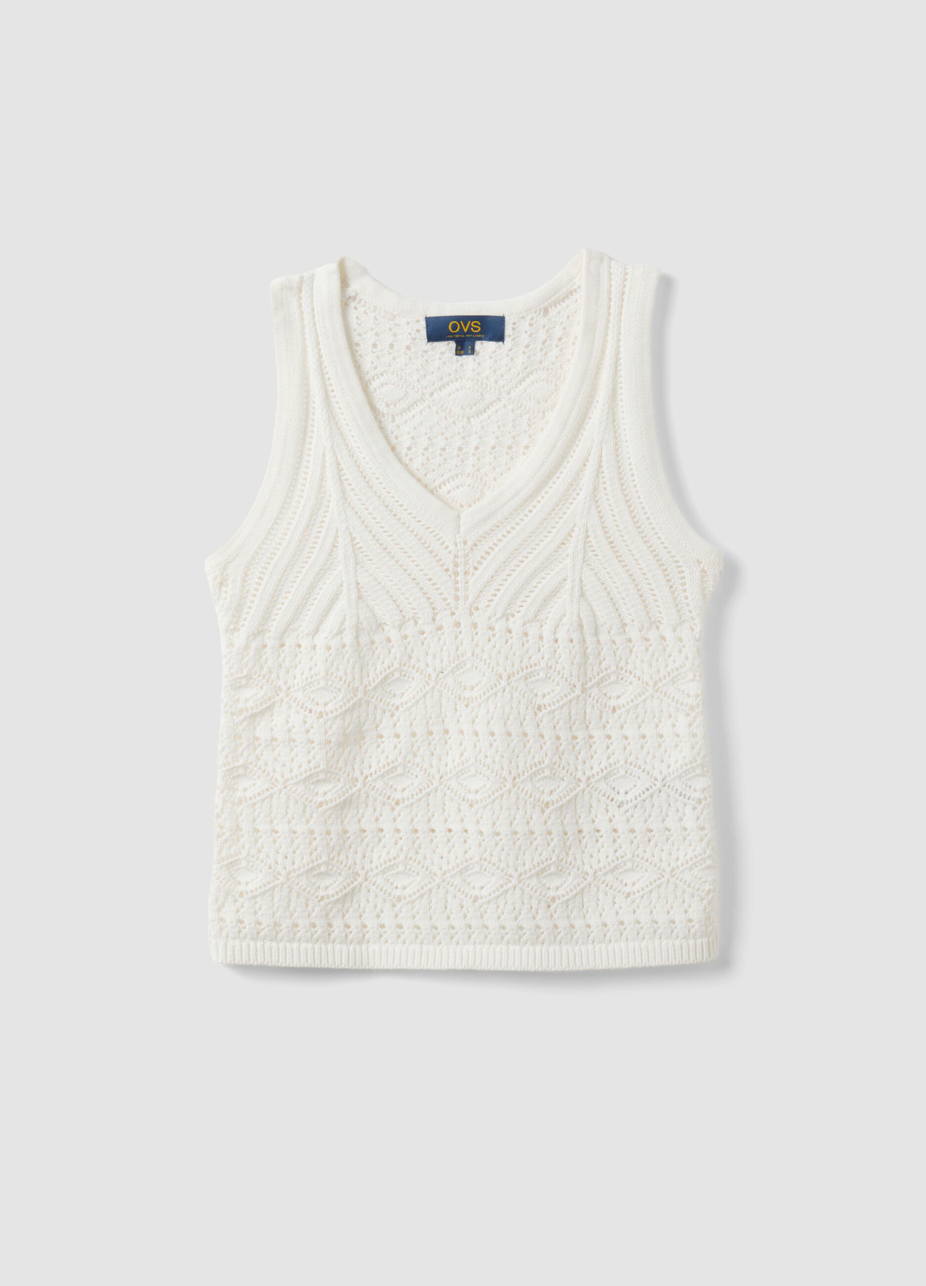 White pure cotton regular-fit tank top with openwork knit pattern