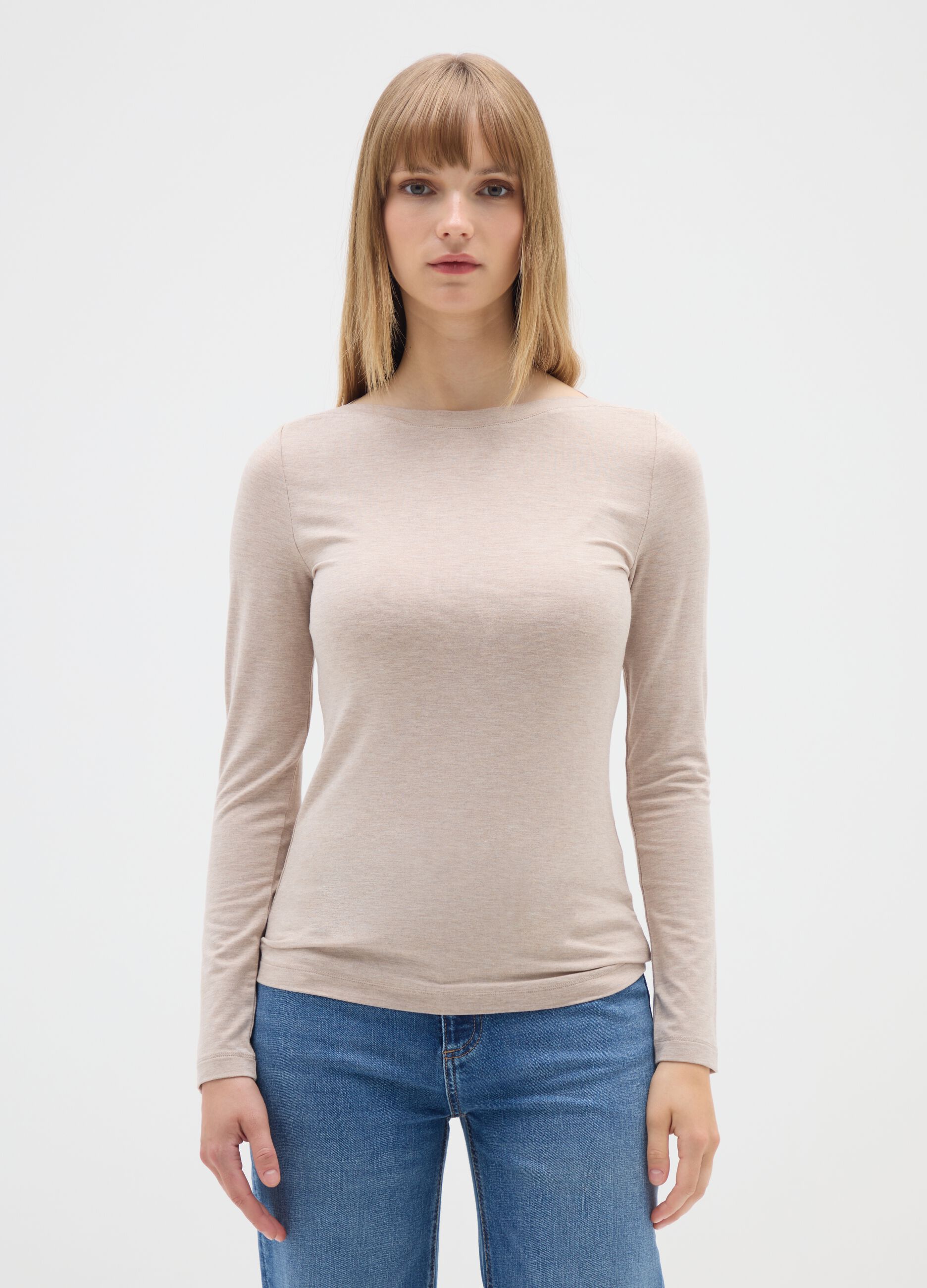 Beige stretch viscose T-shirt regular fit