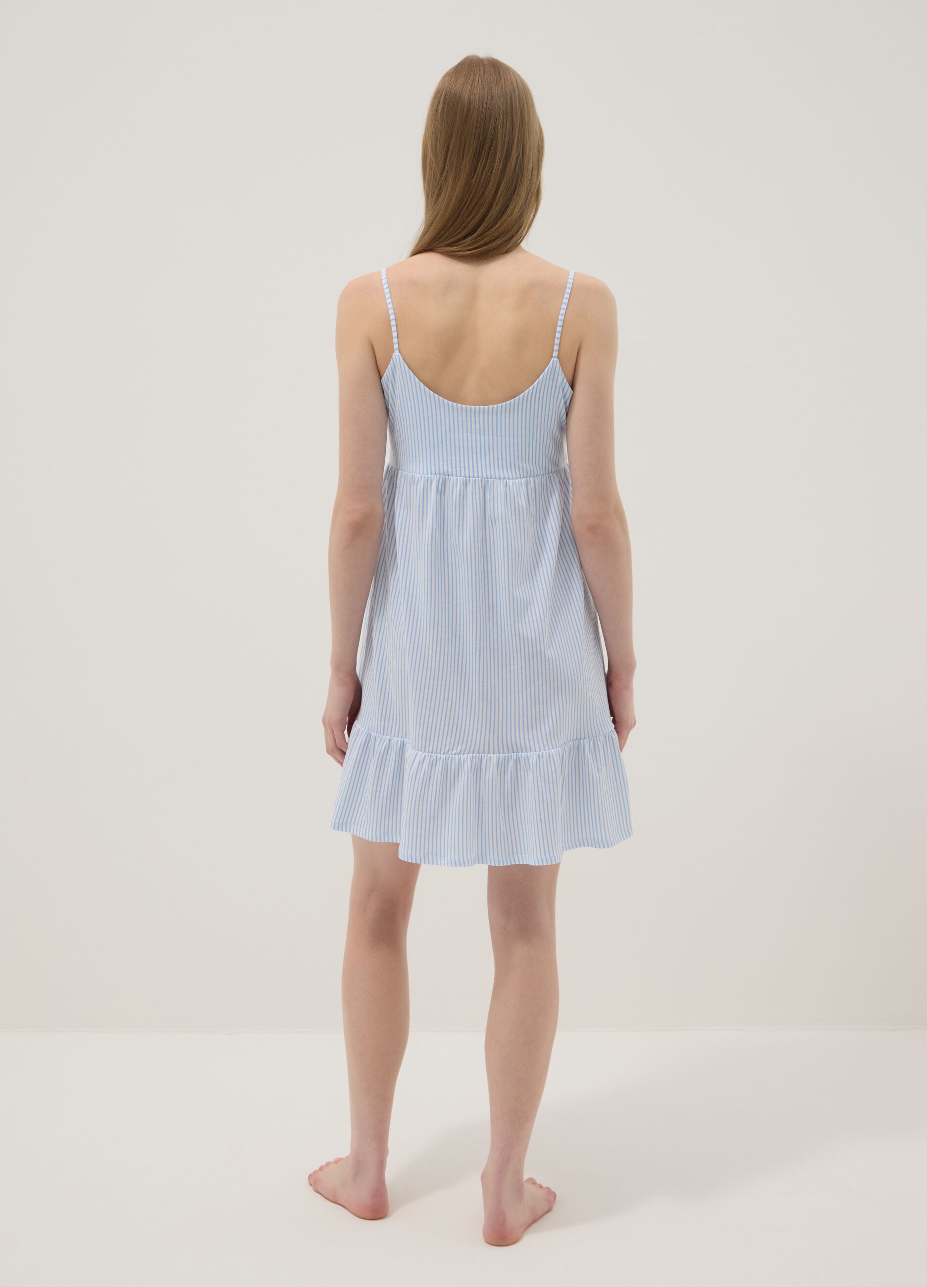Pure cotton nightdress with white and light blue stripes and straps