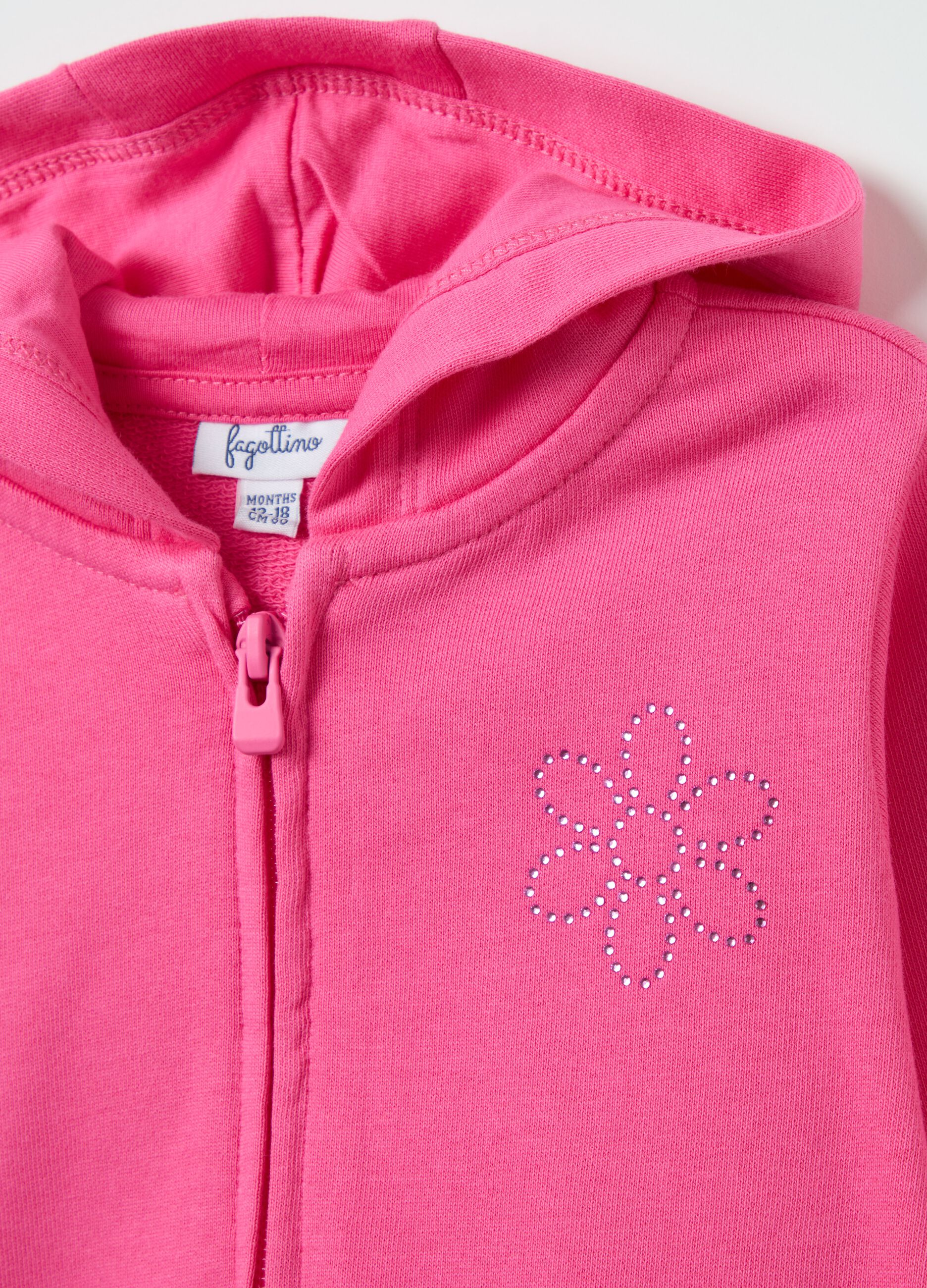 Full-zip sweatshirt in French terry with hood and diamantés