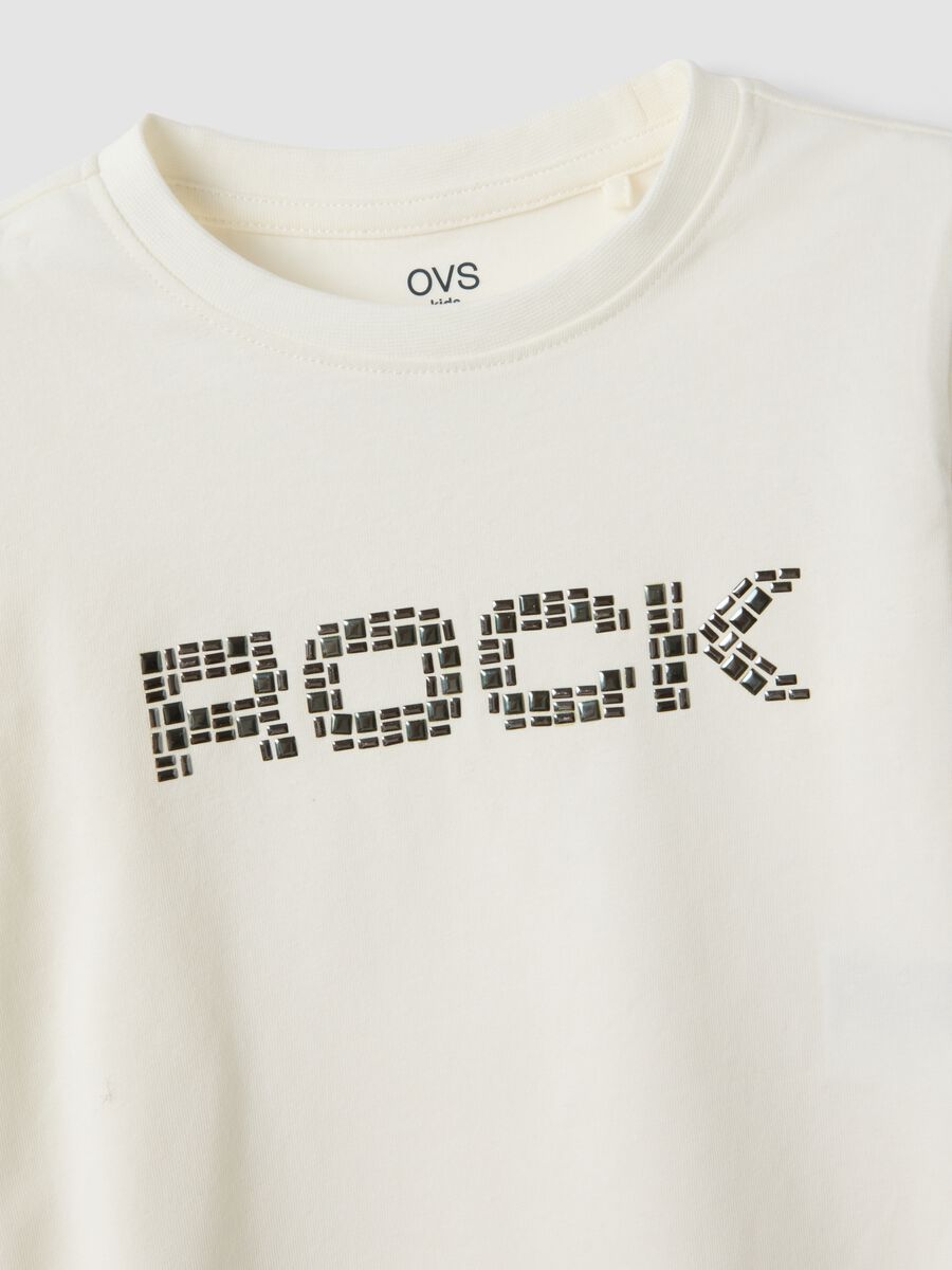 White stretch cotton T-shirt with stud print for girls_3