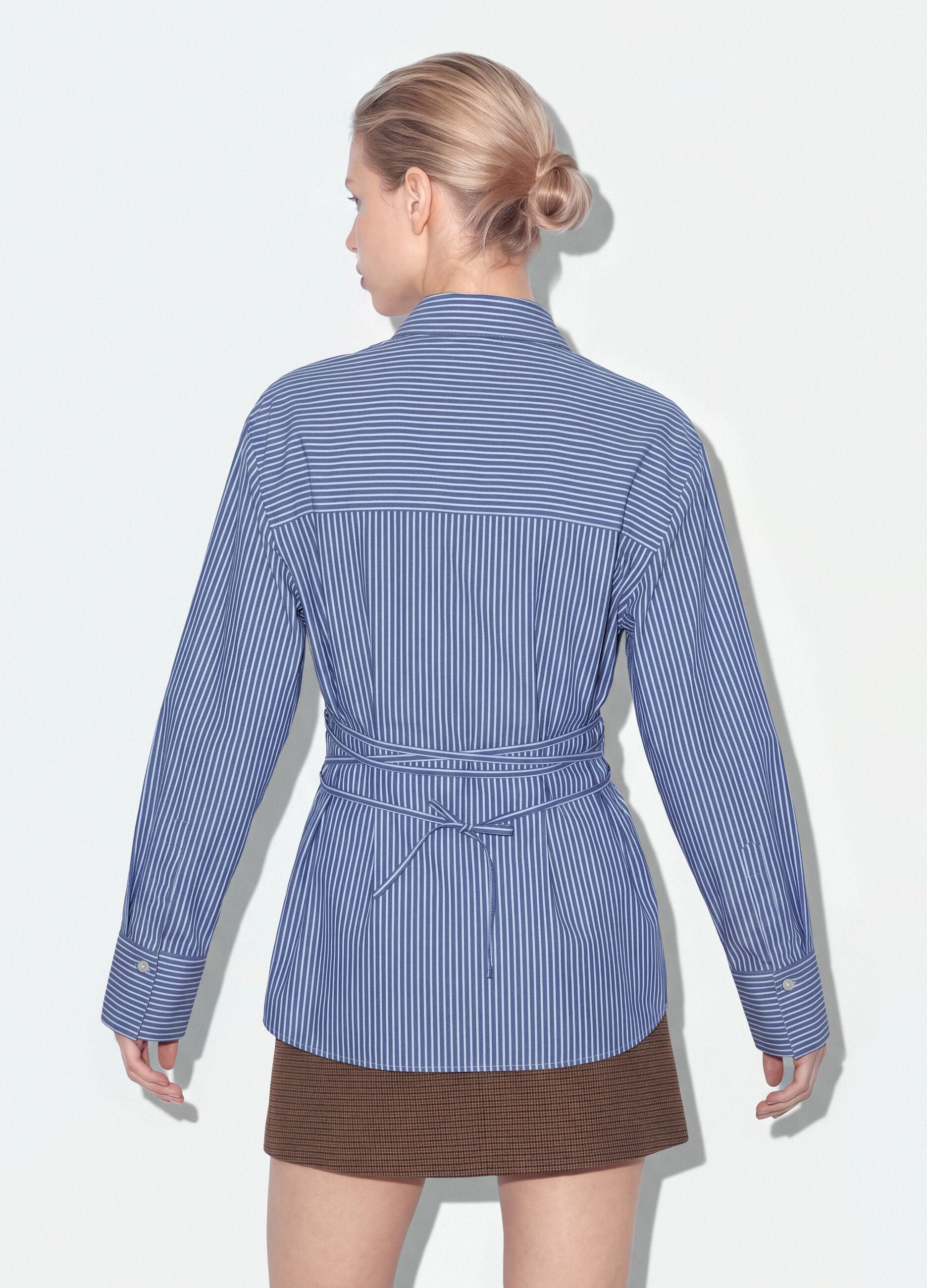 Camicia blu a righe in popeline di puro cotone regular fit