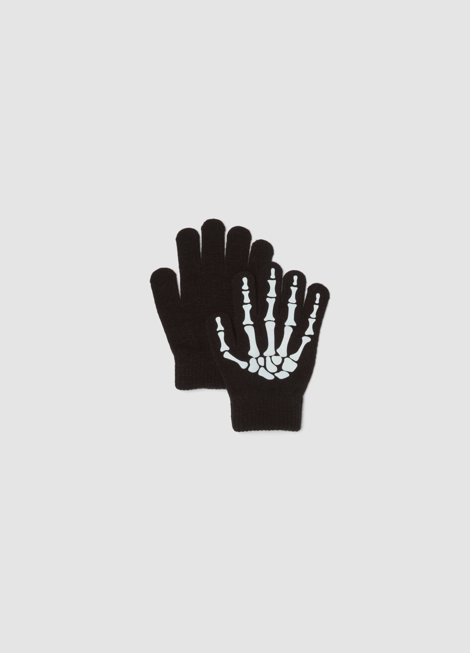 Black stretch-fabric gloves with skeleton print