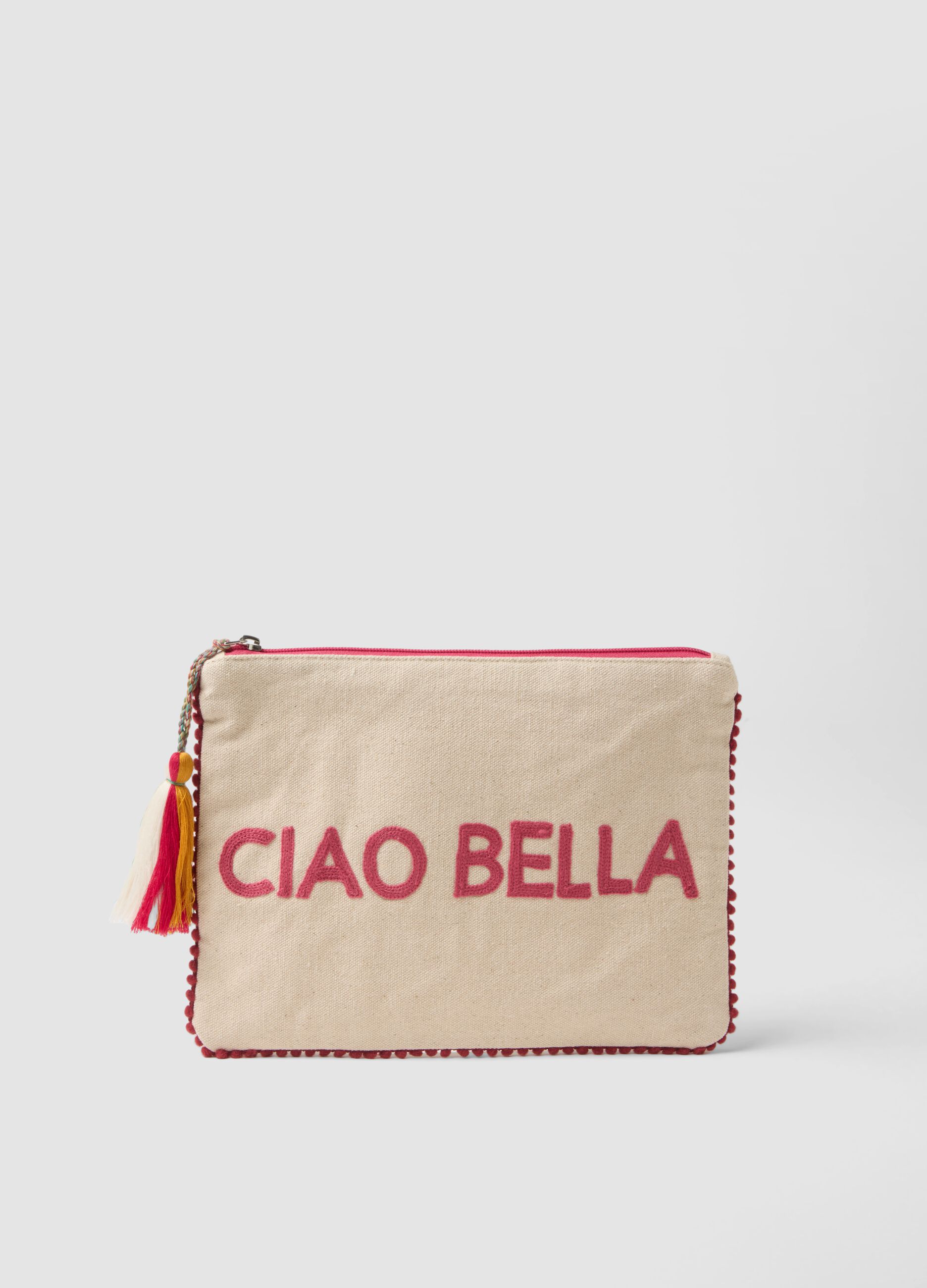 Pochette in puro cotone beige con nappina e zip