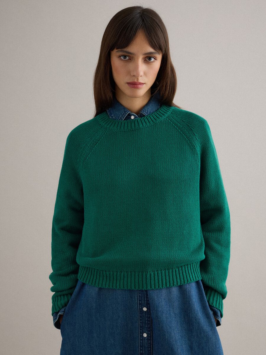 Green crew neck pullover in pure cotton regular fit_0