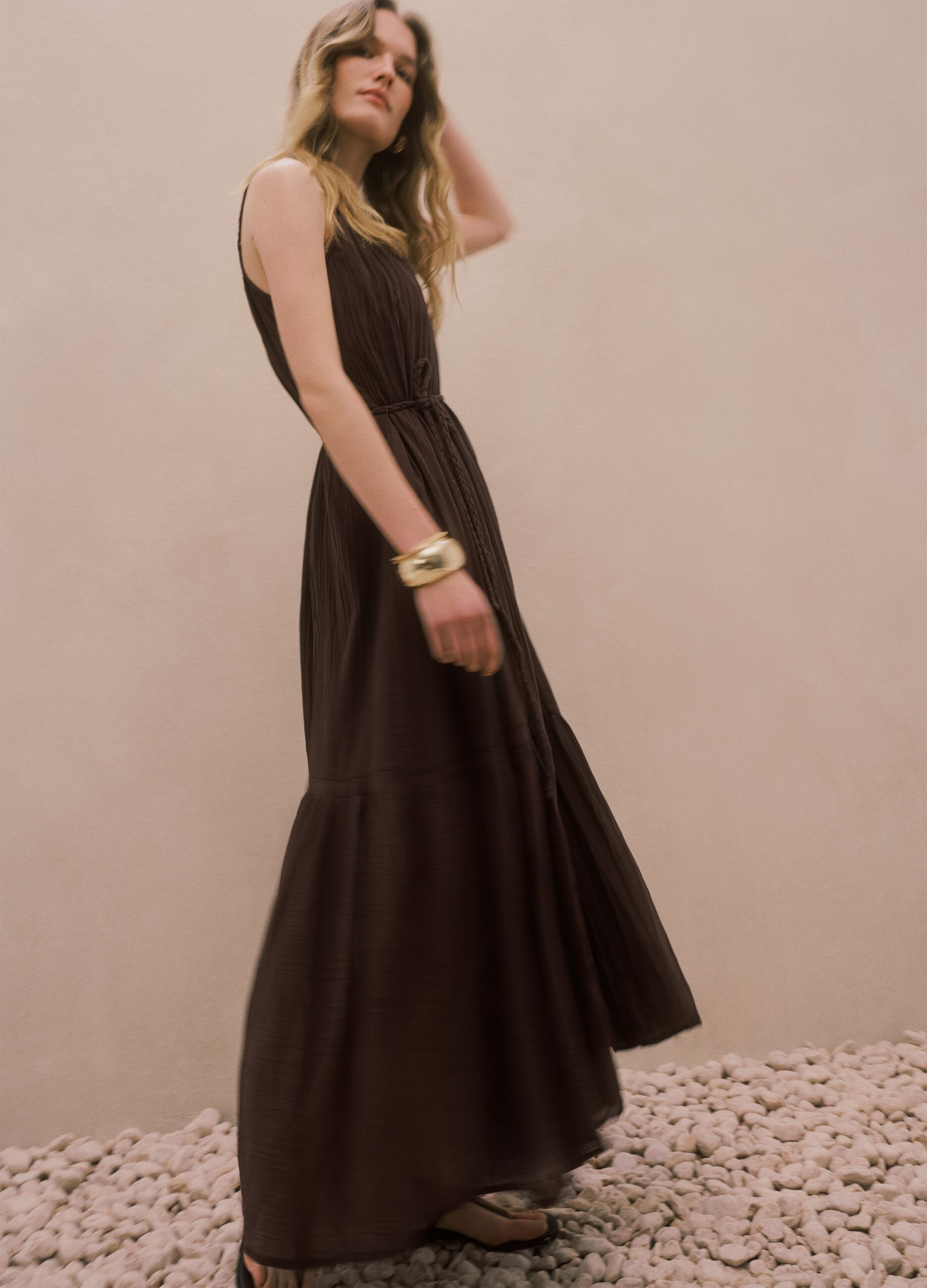 Brown pure cotton long dress regular fit