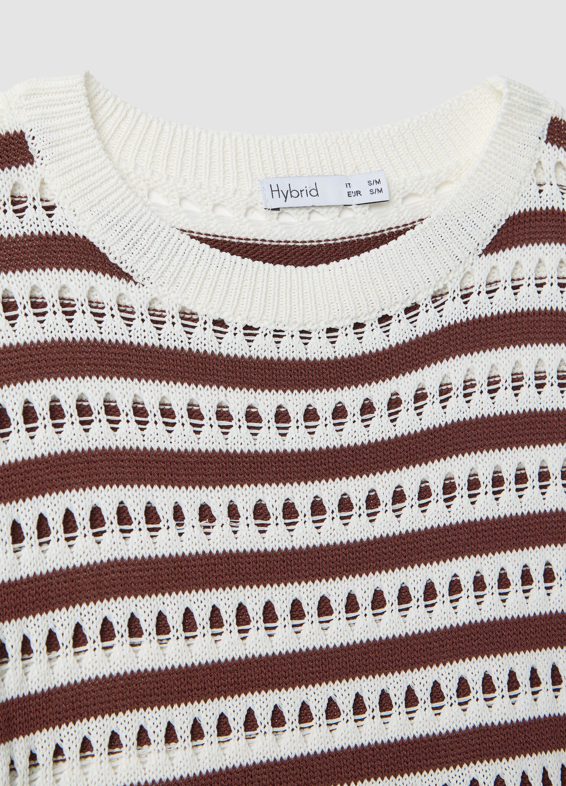 White and brown striped open-knit viscose-blend T-shirt, regular fit