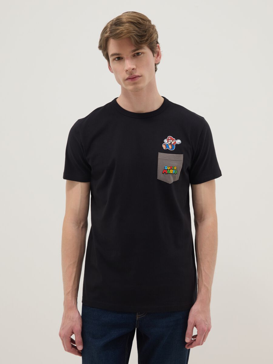 T-shirt in puro cotone nero regular fit con stampa Super Mario_0
