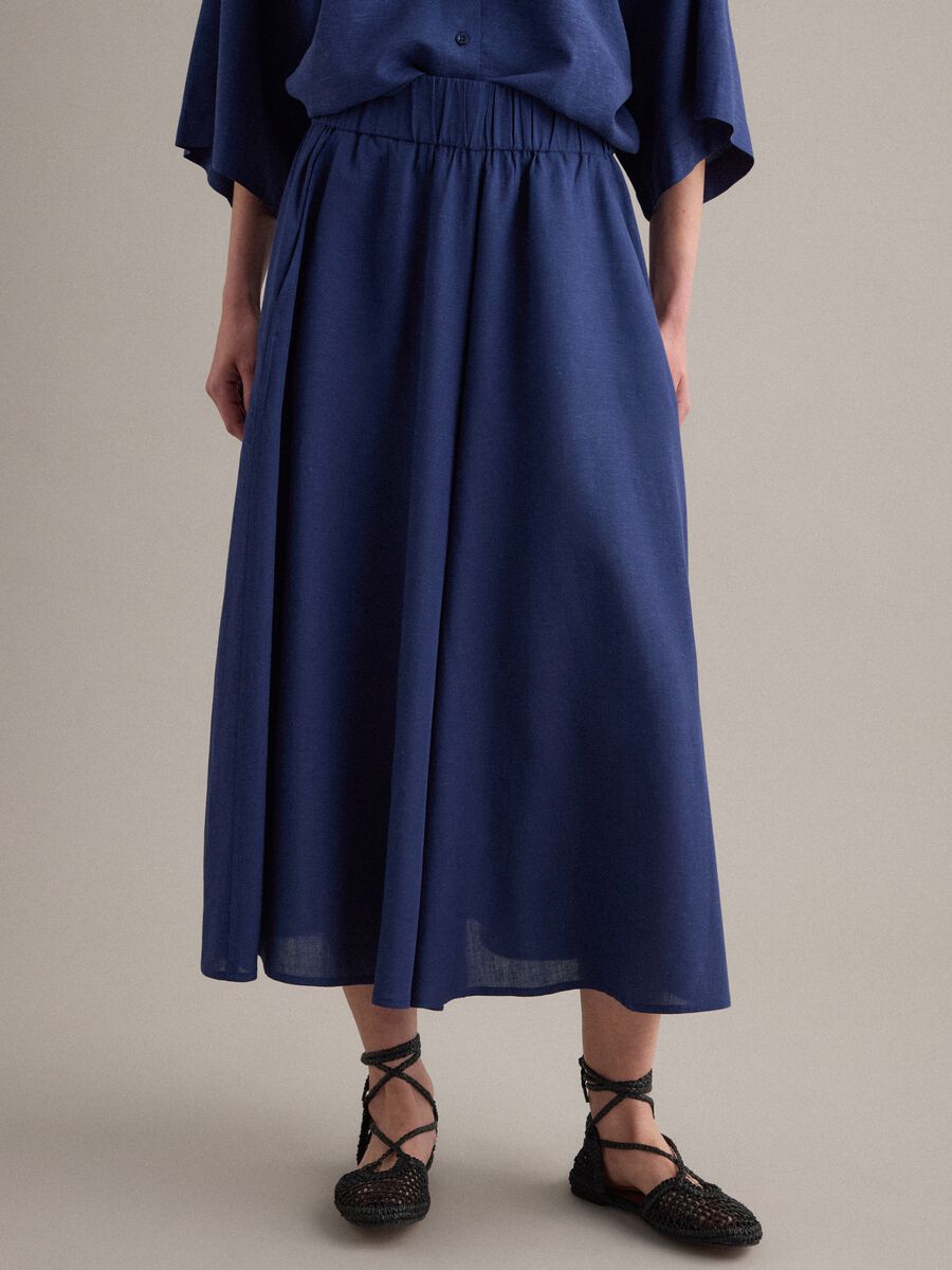 Gonna pantalone blu in misto viscosa e lino_1
