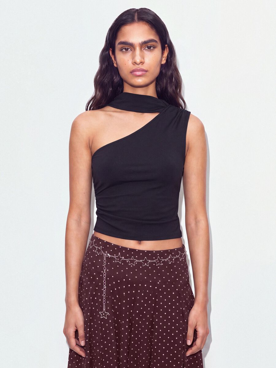 Black stretch top with asymmetric neckline and draped band_0