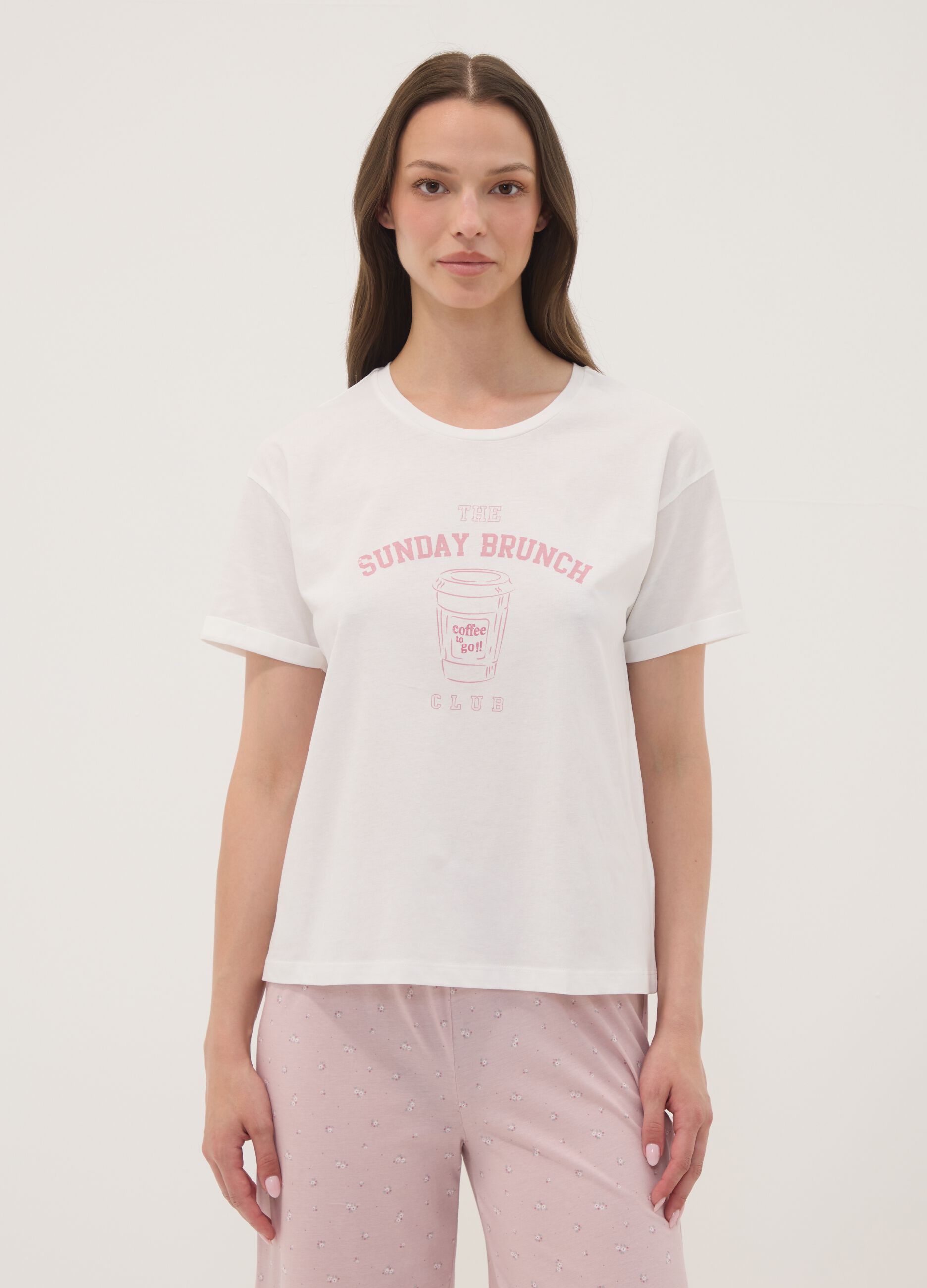 T-shirt pigiama bianco in cotone organico con scritte frontali