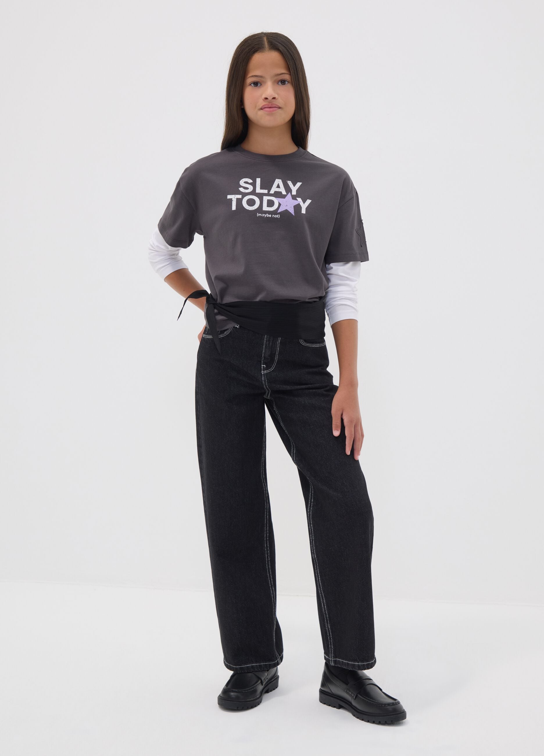 Black straight-leg pure cotton jeans with star detail for girls