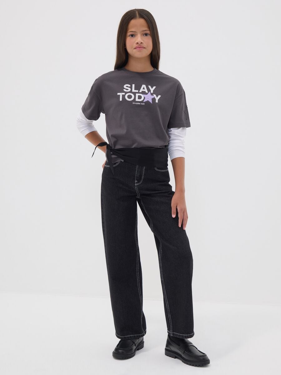 Jeans neri straight fit in puro cotone con stella per ragazza_0