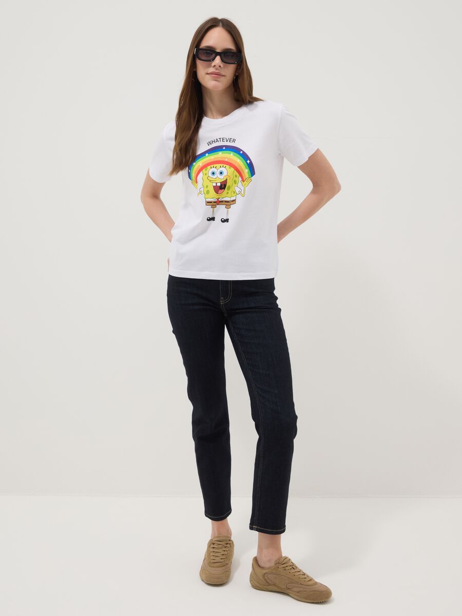 White pure cotton regular fit T-shirt with SpongeBob print_2