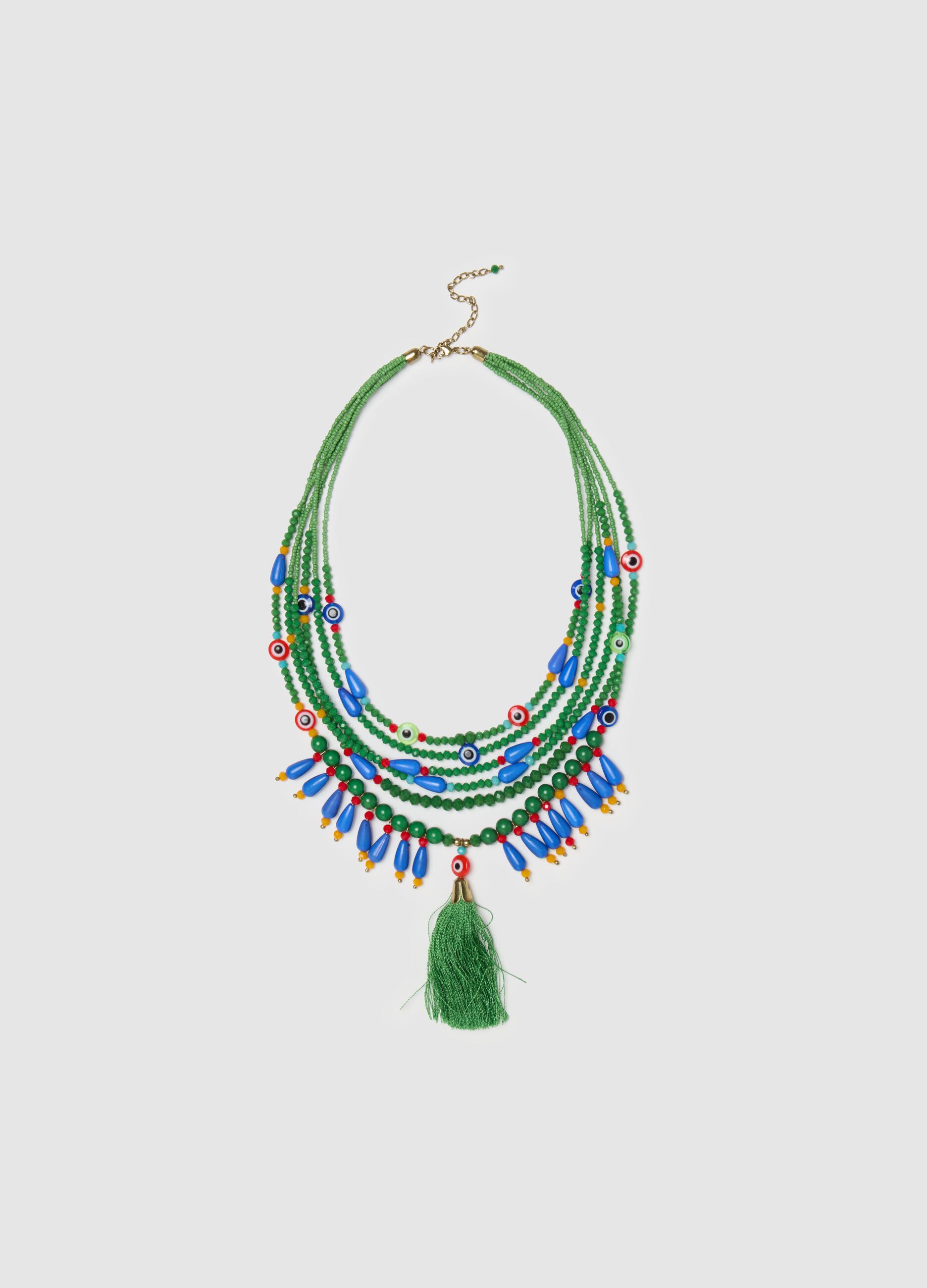 Multi-strand necklace with tassel and beads
