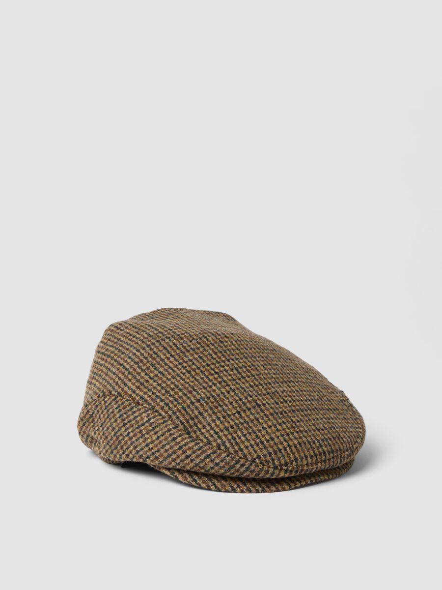 Brown wool-blend flat cap with houndstooth pattern_0