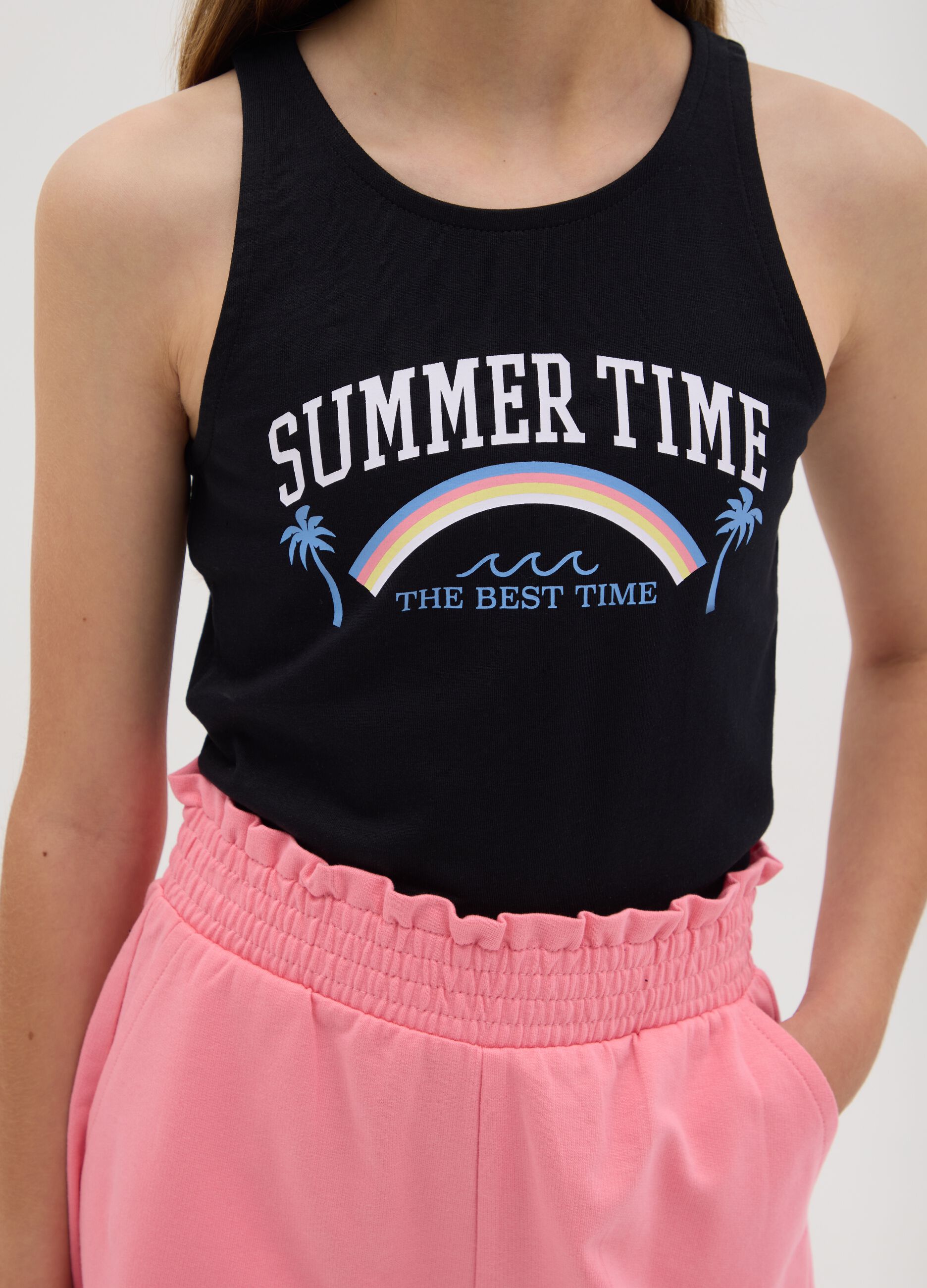 Completo jogging nero e rosa in cotone con stampa 