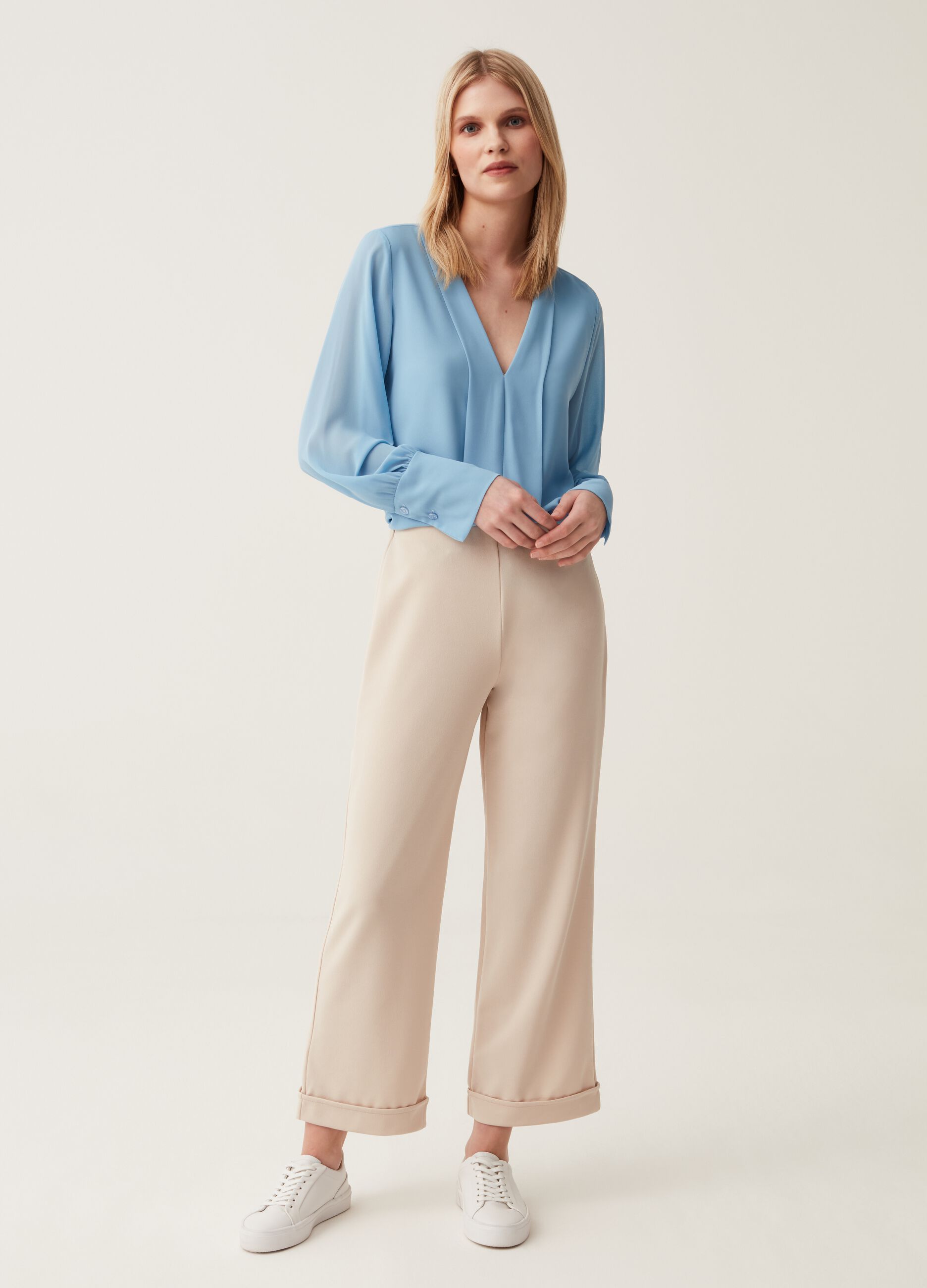 Pantaloni crop wide leg con risvolti Hybrid_0