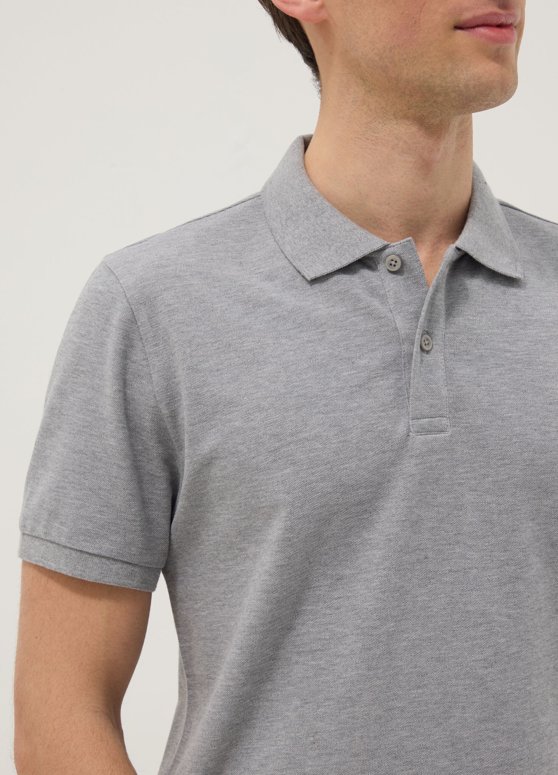 Grey pure cotton short-sleeve polo shirt, regular fit