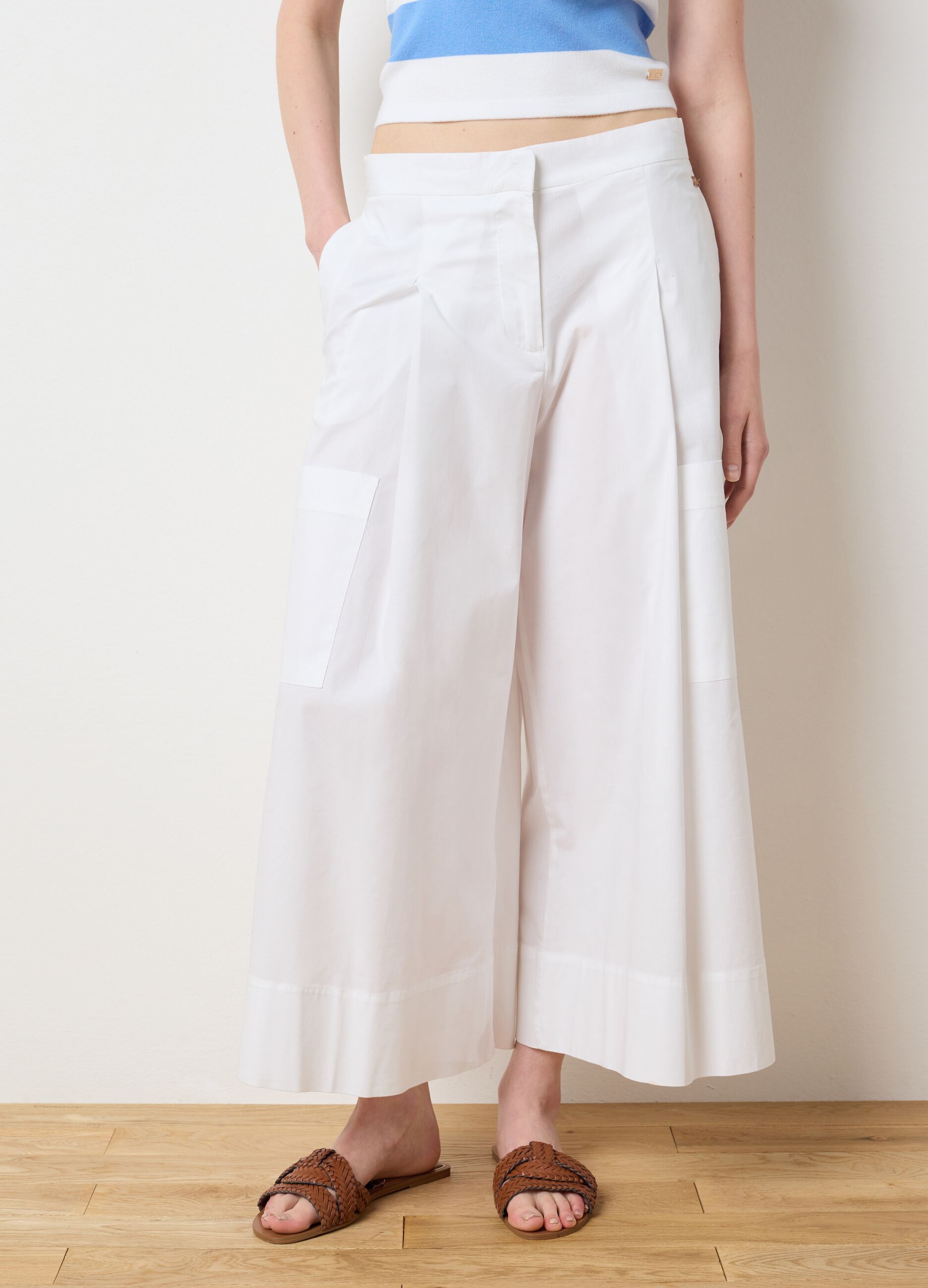 Women's White Stretch Cotton Culotte Trousers