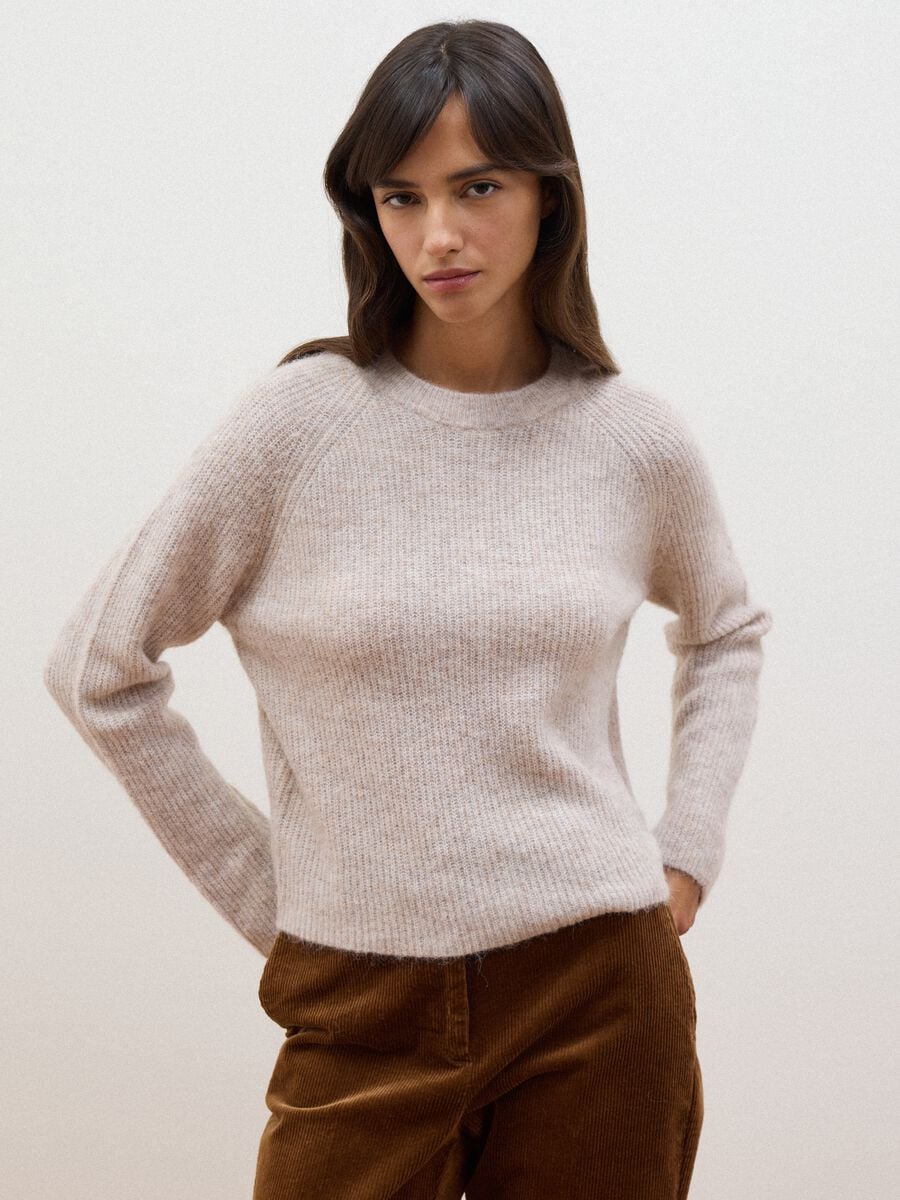 Beige stretch wool and alpaca crew-neck jumper_1
